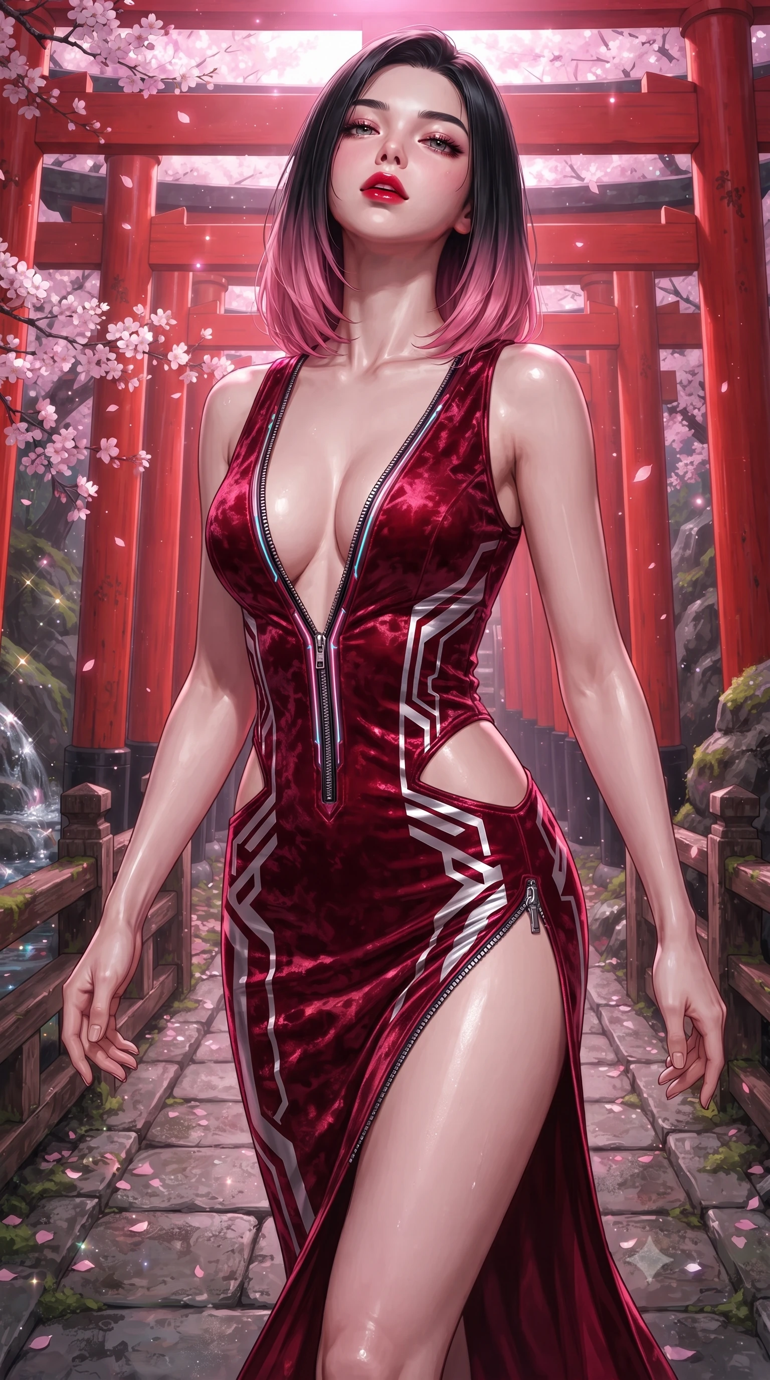score_9, masterpiece, best quality, ultra-detailed, high-budget anime keyframe, editorial fashion photography, tasteful artistic composition, Korean woman. close-up cowboy shot from the waist and thighs up, the character dominates the composition, filling the frame with her large presence. tilting her head back with a sensual alluring expression, exposing her throat and shoulders to the camera with heavy lashes and softly parted glossy lips while striding with imperial grace along a stone pathway framed by an endless arcade of scarlet torii gates. The surrounding environment is rendered in vivid detail and crisp panoramic clarity. sharp cherry blossom petal clusters, wooden bridge railings, and mossy rock textures in high clarity. She has an exceptionally elegant, slender, and willowy female figure with an ultra-slim waist, a gracefully sculpted slender torso, toned flat midriff, and a refined slim silhouette. sharp v-shaped jawline, high-bridge nose, intricate jewel-like eyes with depth, thick eyelashes, glossy lips with a natural sheen, flawlessly proportioned anatomical accuracy, strict slender model proportions, natural body alignment, perfectly sculpted long slender limbs, ultra-slim waistline, clean dynamic posture without body distortion. wearing a backless crimson crushed velvet gown with a deep plunging V-neckline, strategic hip cutouts, and an ultra-high thigh slit in high-gloss monochrome white and sharp black contrast, made of liquid metal jersey that clings flawlessly to every contour of her build, featuring a dangerously unzipped neckline framed by glowing cybernetic accents, the sleek second-skin cut tightly hugging her graceful clavicle, narrow waist, and feminine curves with athletic precision. illuminated by soft glowing pink ambient light and sparkling water refractions. ultra-reflective glossy finish, specular highlights, metallic sheen, high-contrast stereoscopic depth, volumetric dynamic lighting, 2k, ultra detail, master piece, 9:16 ratio