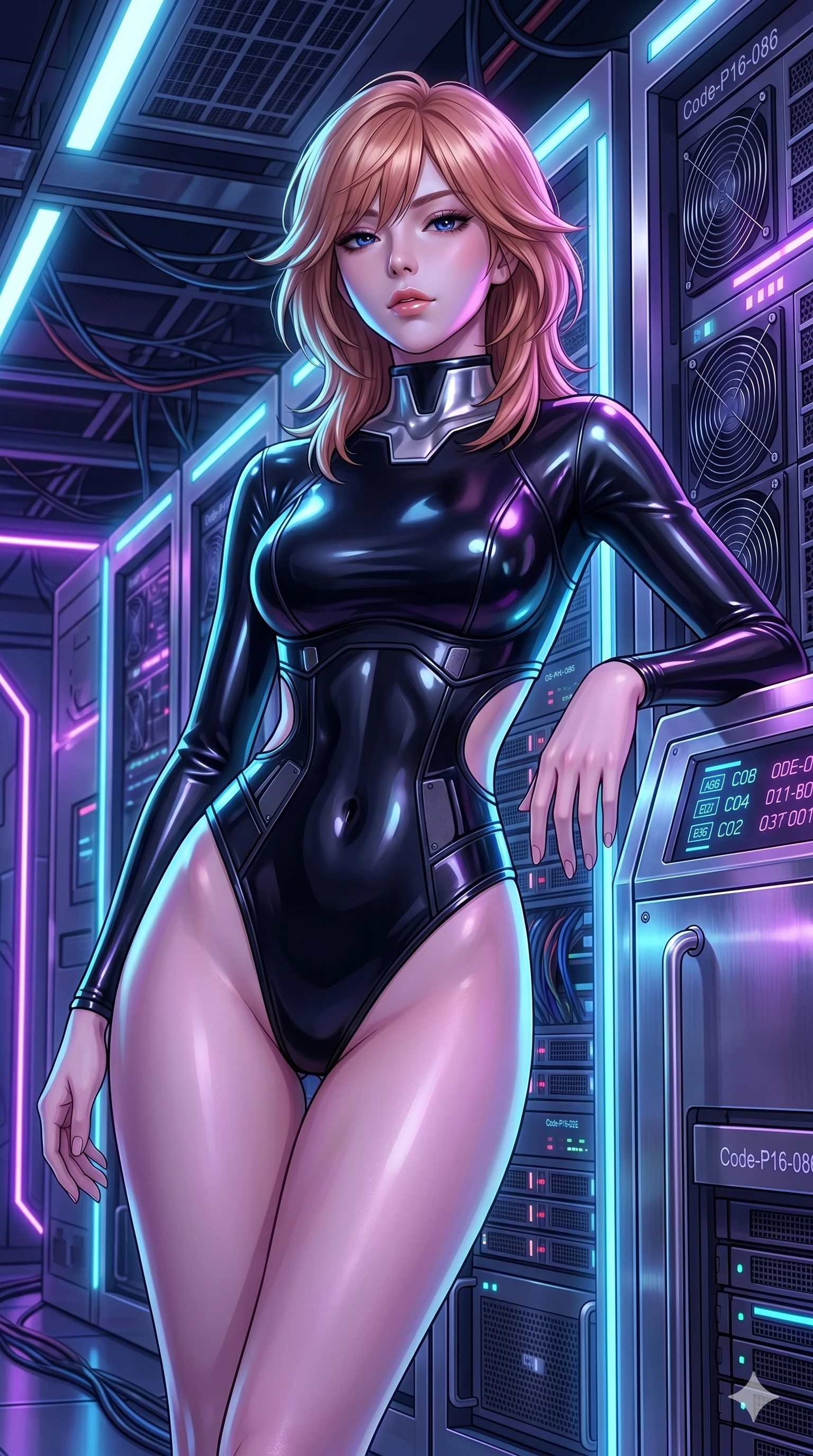 score_9, masterpiece, best quality, ultra-detailed, high-budget anime keyframe, editorial fashion photography, tasteful artistic composition, Korean woman. cowboy shot from the thighs up, character and outfit filling the frame for maximum editorial presence. leaning against a metal server rack, casting a cool, superior gaze beneath her thick lashes in a cyberpunk server corridor filled with pulsing neon lines (Code-P16-086). She has an absolutely perfect 8-heads proportion, an exceptionally tall and slender female figure with impossibly long slender legs and an ultra-slim waist. V-shaped jawline, high-bridge nose, intricate jewel-like eyes with depth, thick eyelashes, glossy lips with a natural sheen. wearing a black latex bodysuit with a metallic silver collar and dramatic waist cutouts. neon blue and violet light from the servers casting sharp specular highlights on her outfit. 2k, ultra detail, master piece, 9:16 ratio