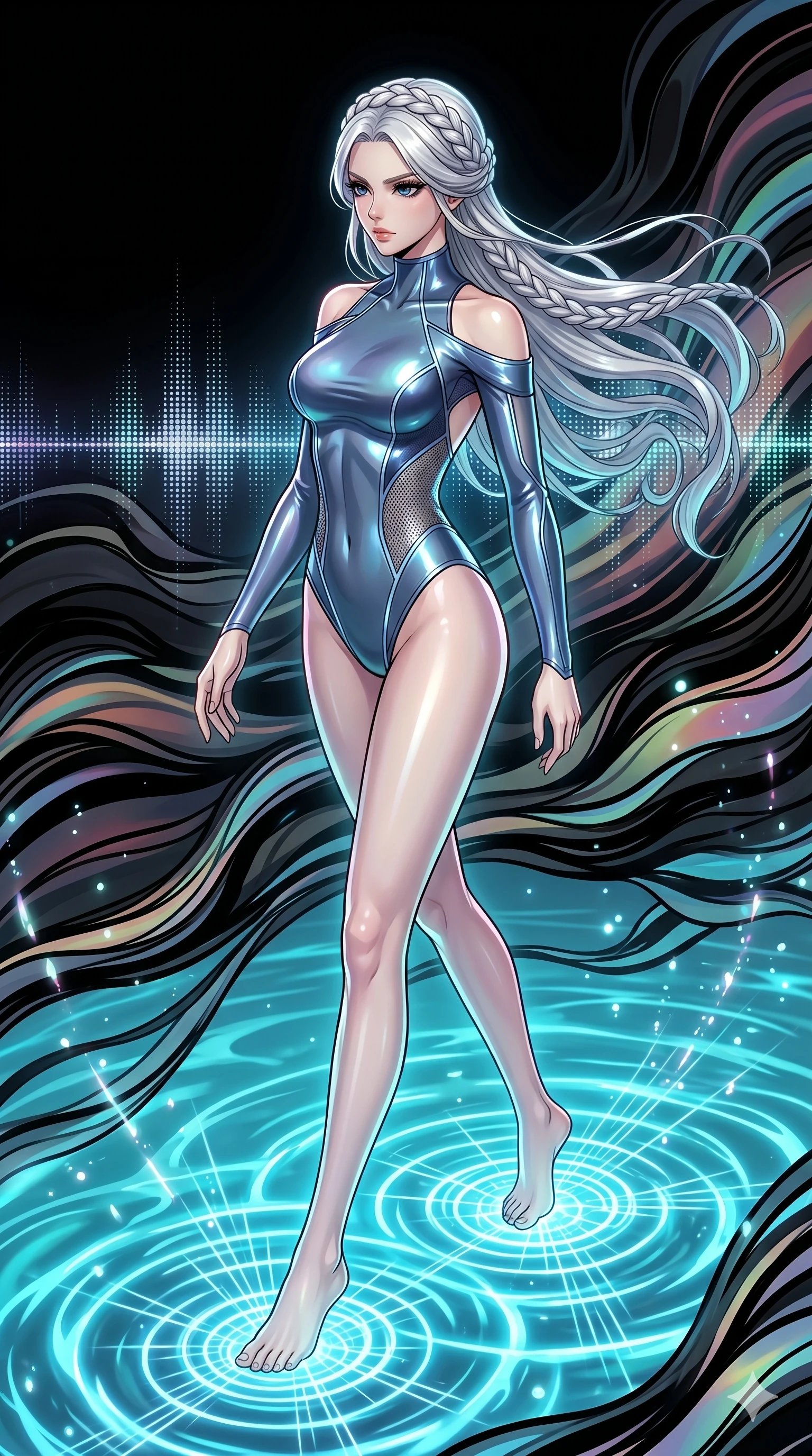 score_9, masterpiece, best quality, ultra-detailed, High-budget Anime Keyframe, vibrant colors, fluid line-art, expressive lighting, cinematic composition, Ufotable-style visual effects, top-tier animation quality, Japanese woman with delicate and elegant anime-inspired features. Dynamic full-body shot stretching the vertical silhouette, capturing her from a powerful low-angle perspective. Walking upon a surface of vibrating fluid that reacts to her every step with geometric ripples. She has an absolutely perfect 8-heads proportion, an exceptionally tall and slender female figure with impossibly long slender legs and an ultra-slim waist, her statuesque height and towering silhouette dominating the vertical 9:16 frame. Her face is a masterpiece featuring a sharp v-shaped jawline, high-bridge nose, intricate jewel-like eyes with depth, thick eyelashes, and glossy lips with a natural sheen. She is wearing a Off-shoulder tech-suit made of high-gloss synthetic fibers, featuring strategic micro-mesh panels. The scene is set in an abstract digital ocean where the water is made of flowing ink and sound waves. 2k, ultra detail, master piece, 9:16 ratio