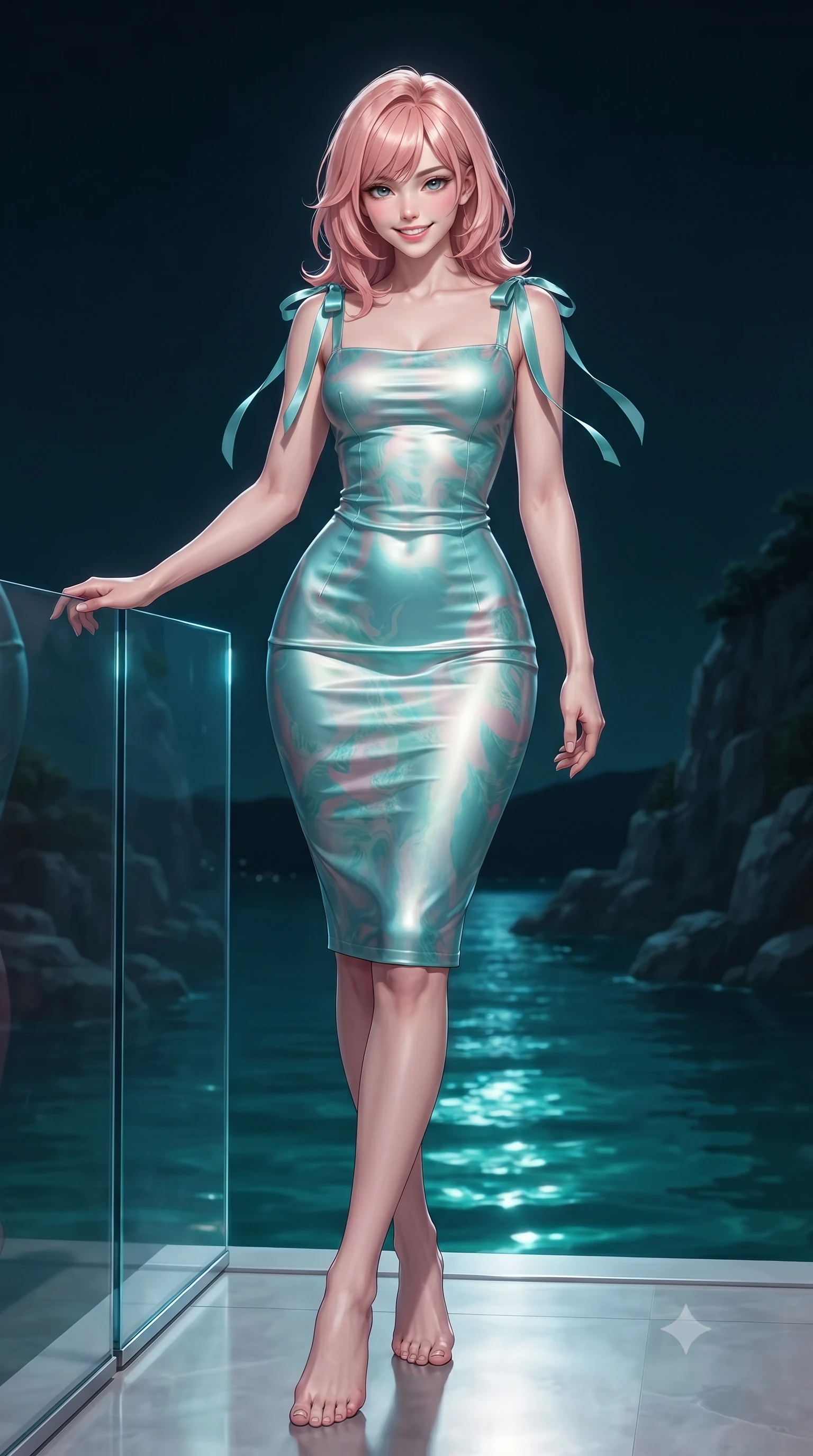 score_9, masterpiece, best quality, ultra-detailed, high-budget anime keyframe, editorial fashion photography, tasteful artistic composition, Japanese woman. low angle full-body shot from head to toe showing her feet, filling the entire 9:16 vertical frame with her statuesque presence, stretching her vertical silhouette. stepping forward in a confident stride, her long slender legs and curvaceous hips creating a dynamic, sweeping vertical line while leaning against the clear acrylic infinity coping with hips cocked back, looking down at the moonlit emerald river below with smoldering bedroom-eyes. The surrounding environment is rendered in vivid detail and crisp panoramic clarity: detailed garment lines, wet cling or tailored fit, and cliffside engineering in high resolution. She has an exceptionally tall and slender model-like 8.5-heads proportion, an ultra-slim waist, a flat toned midriff, narrow delicate ribcage, and beautifully sculpted feminine hips creating a graceful, slim hourglass silhouette without any bulky heaviness, with impossibly long slender legs. sharp v-shaped jawline, high-bridge nose, intricate jewel-like sparkling eyes with depth, thick eyelashes, glossy parted lips with a natural peach sheen, bright cheerful beaming smile with an enchanting and coquettish sensual glint, exuding both youthful cute charm and seductive allure, flawlessly proportioned anatomical accuracy, strict slender model proportions, natural body alignment, perfectly sculpted long slender limbs, ultra-slim waistline, clean dynamic posture without body distortion. wearing an ultra-sleek stretch lambskin leather sheath dress accentuating her slim waistline in Sentosa tropical coral reef teal and pure iridescent pearl, crafted from fluid liquid silk satin that clings smoothly to her narrow waist and rounded hips with a dewy sheen, finished with satin ribbon ties at the shoulders fluttering in the gentle breeze, the impeccably tailored cut draping gracefully along her slender figure with aristocratic poise. illuminated by pool water reflection bounce and sharp platinum-cyan rim lights defining her dewy collarbones, ultra-slim waist, and curvy hips. ultra-reflective glossy finish, specular highlights, rich textural contrasts, high-contrast stereoscopic depth, volumetric dynamic lighting, 2k, ultra detail, master piece, 9:16 ratio