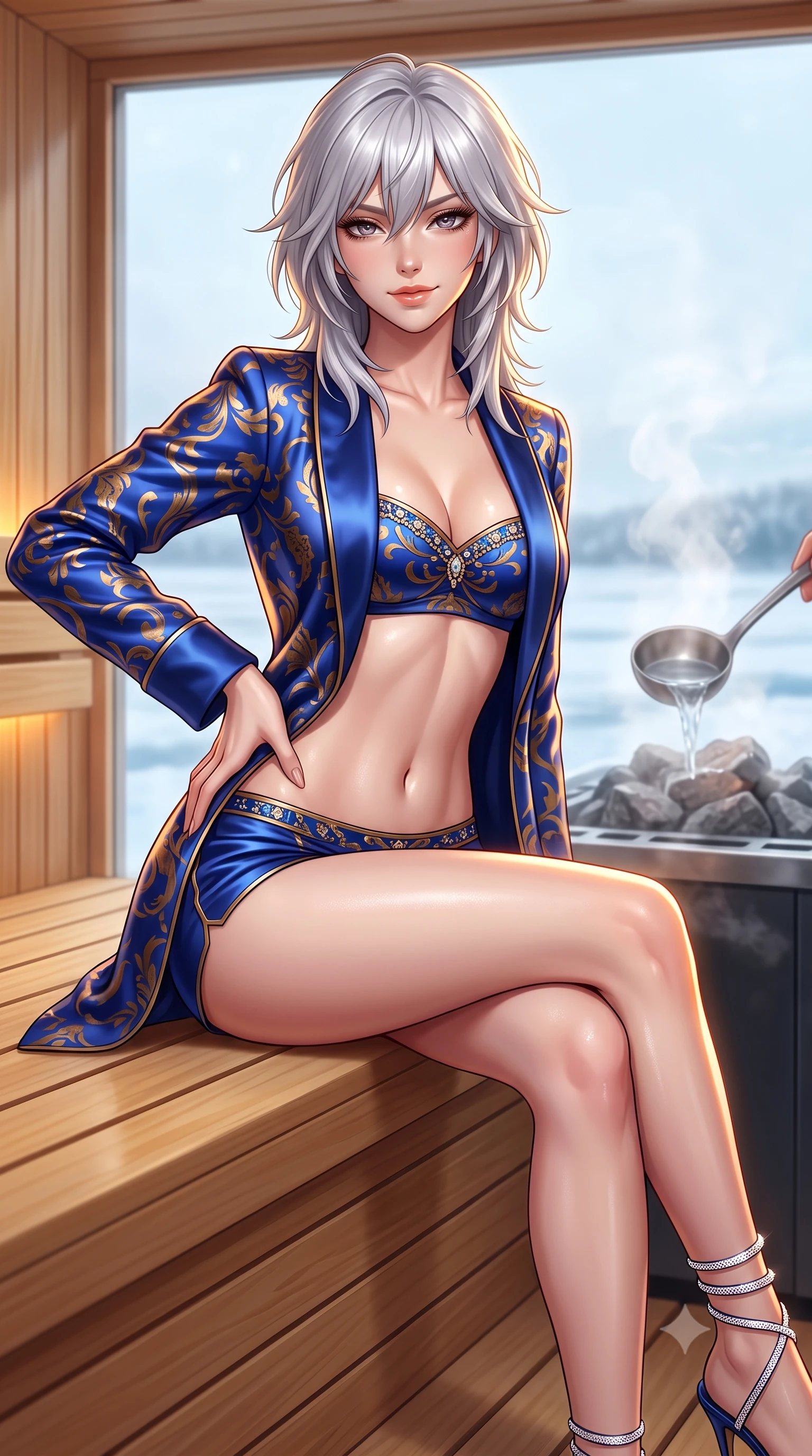 score_9, masterpiece, best quality, ultra-detailed, high-budget anime keyframe, semi-realistic 3D game render, editorial fashion photography, tasteful artistic composition, Japanese woman. close-up cowboy shot from the waist and thighs up, the character dominates the composition, filling the frame with her large presence. tilting her head with a teasing half-smile, running one hand slowly down the side of her hip in a flirtatious S-curve as ambient light caresses her silhouette while sitting poised on the upper blonde cedar bench inside the heated glass cube, arching her spine with sultry dewy elegance overlooking the frozen expanse. The background shows a soft-focus steaming water ladled onto hot sauna rocks softened in Nordic wellness shallow focus. She has an exceptionally elegant, slender, and willowy female figure with an ultra-slim waist, flat toned midriff, narrow ribcage, and sculpted feminine hips creating an alluring, slim hourglass silhouette without bulk. sharp v-shaped jawline, high-bridge nose, sparkling eyes with hypnotic seductive depth, thick curled eyelashes, glossy parted lips with a natural dewy peach sheen, alluring bedroom-eyes with an enchanting coquettish smile, exuding magnetic siren charisma and sophisticated glamour, flawlessly proportioned anatomical accuracy, strict slender model proportions, natural body alignment, perfectly sculpted long slender limbs, ultra-slim waistline, clean dynamic posture without body distortion. wearing a tailored open-front satin smoking jacket worn over a jewel-embellished bandeau and micro-shorts in royal lapis lazuli and burnished brass, crafted from fluid liquid silk satin that clings smoothly to every curve with a dewy sheen, complemented by strappy stiletto sandals with crystal ankle wraps accentuating her slender calves, the second-skin tailored fabric adhering flawlessly to her sculpted flat midriff and slender torso, emphasizing her long leg lines and perfectly proportioned willowy build. illuminated by dewy skin specular highlights and sharp golden-amber rim lights sculpting her jawline, narrow waist, and feminine hips. highly saturated vibrant anime colors, detailed shading with soft gradients, rich glossy textures, high-contrast stereoscopic depth, volumetric dynamic lighting, master piece, 9:16 ratio