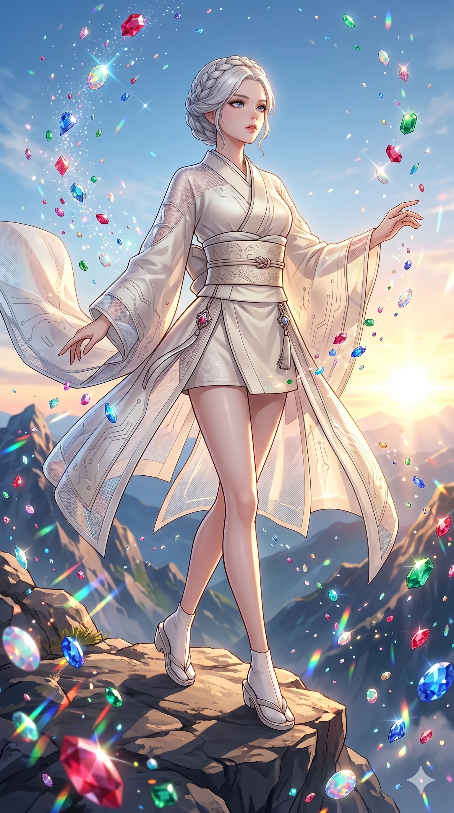 score_9, masterpiece, best quality, ultra-detailed, High-budget Anime Keyframe, beautiful Japanese anime girl. Upper body close-up from the thighs up, character filling the screen for maximum presence. Standing in a rain of colorful jewels on a mountain peak. She has an absolutely perfect 8-heads proportion, an exceptionally tall and slender female figure with impossibly long slender legs and an ultra-slim waist. Sharp v-shaped jawline, high-bridge nose, intricate jewel-like eyes with depth, thick eyelashes, glossy lips with a natural sheen. Wearing a Modern Traditional outfit: ivory shortened cyber-hanbok, kimono-style wrap with wide obi, fusion silk robes with transparent panels. Background is a bright and colorful environment with cinematic lighting, dynamic particle effects, and high-contrast shadows. 2k, ultra detail, master piece, 9:16 ratio