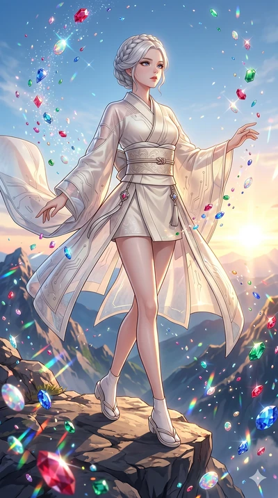 score_9, masterpiece, best quality, ultra-detailed, High-budget Anime Keyframe, beautiful Japanese anime girl. Upper body close-up from the thighs up, character filling the screen for maximum presence. Standing in a rain of colorful jewels on a mount