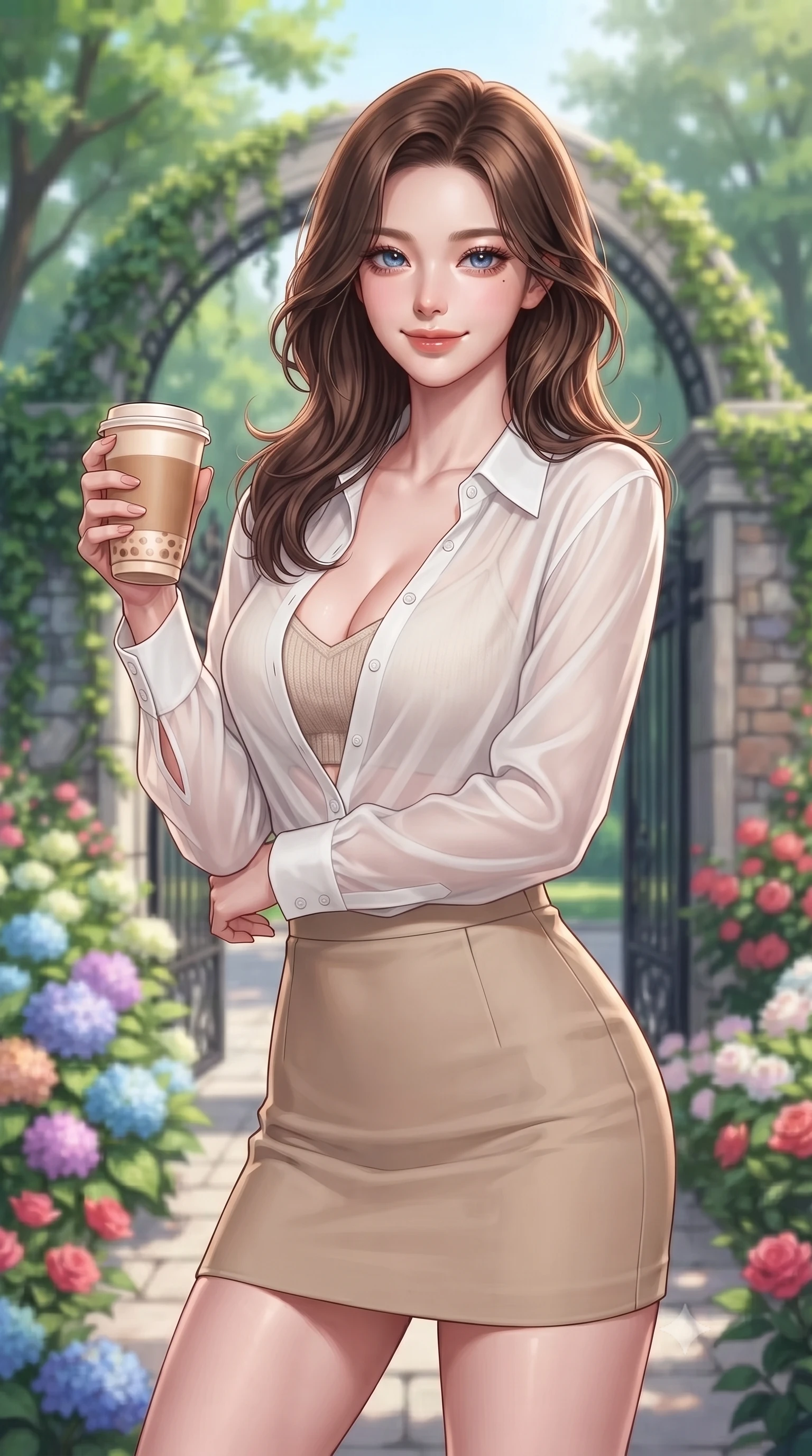 score_9, masterpiece, best quality, ultra-detailed, high-budget anime keyframe, editorial fashion photography, tasteful artistic composition, Korean woman. close-up cowboy shot from the waist and thighs up, the character dominates the composition, filling the frame with her large presence, background elements kept in soft focus. flashing a sweet yet sultry smile, holding her hand near her shoulder in a poised gesture set against a soft-focus background of near a college campus gate draped in green ivy vines and surrounded by flowers holding a warm paper cup of milk tea with bubbles. She has an exceptionally elegant, slender, and willowy female figure with an ultra-slim waist, a gracefully sculpted slender torso, and a refined silhouette. sharp v-shaped jawline, high-bridge nose, intricate jewel-like eyes with depth, thick eyelashes, glossy lips with a natural sheen. wearing slim-fit sheer chiffon button-up shirt in white, worn over a slim-fit knit bralette and a mini skirt. cool morning sunlight creating a fresh, energetic ambiance. highly saturated vibrant anime colors, detailed shading with soft gradients, rich glossy textures, high-contrast stereoscopic depth, volumetric dynamic lighting, master piece, 9:16 ratio