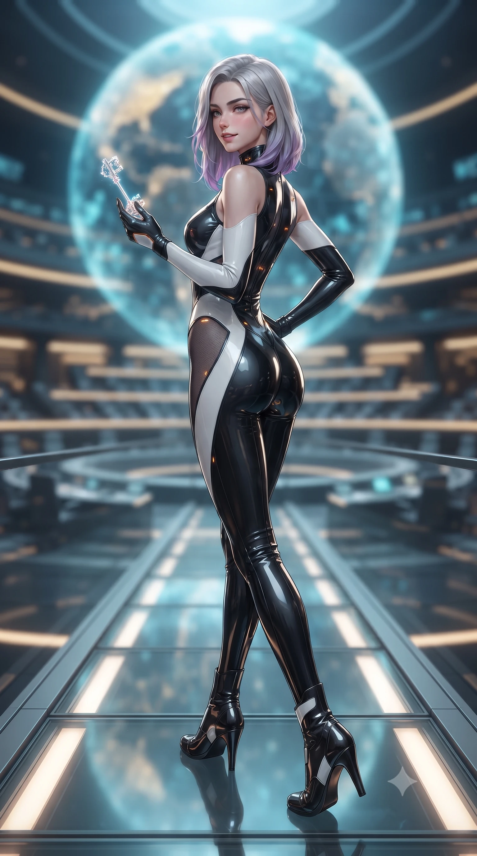 score_9, masterpiece, best quality, ultra-detailed, high-budget anime keyframe, editorial fashion photography, tasteful artistic composition, Caucasian woman. low angle full-body shot from head to toe showing her feet, filling the entire 9:16 vertical frame with her statuesque presence, stretching her vertical silhouette. walking slowly along the transparent glass skybridge, looking back over her shoulder with an air of effortless grace and an alluring, smoldering smile while lounging in the high council chair with legs crossed, holding a glowing cryptographic key while flashing a subtle, dangerous smile. The background shows a soft-focus the colossal 30-meter floating holographic globe and concentric council seating tiers blurred into cyan, gold, and obsidian bokeh. She has an absolutely perfect, statuesque 8.5-heads proportion, an exceptionally tall and slender model-like female figure with impossibly long slender legs, an ultra-slim waist, a flat toned midriff, narrow delicate ribcage, and beautifully sculpted feminine hips creating a graceful, slim hourglass silhouette without any bulky heaviness. sharp v-shaped jawline, high-bridge nose, intricate jewel-like sparkling eyes with depth, thick eyelashes, glossy parted lips with a natural sheen, bright confident smile with an enchanting and coquettish sensual glint, exuding both youthful magnetic charm and sovereign high-tech allure, flawlessly proportioned anatomical accuracy, strict slender model proportions, natural body alignment, perfectly sculpted long slender limbs, ultra-slim waistline, clean dynamic posture without body distortion. wearing a sleeveless high-collar cyber pilot suit in liquid-look obsidian jersey with strategic sheer ventilation panels in dual-tone high-contrast monochrome black and stark white, formed from supple thermal silicone composite adhering seamlessly like a second skin, accented with subtle hexagonal heat-sink vents glowing with dim orange thermal heat, the aerodynamic second-skin silhouette tightly following the natural contour of her hips and long slender legs with youthful 8.5-heads elegance. illuminated by under-floor uplighting and sharp champagne rim lighting sculpting her razor-sharp jawline, narrow waist, and curvy hips. ultra-reflective glossy finish, specular highlights, rich textural contrasts, high-contrast stereoscopic depth, volumetric dynamic lighting, 2k, ultra detail, master piece, 9:16 ratio