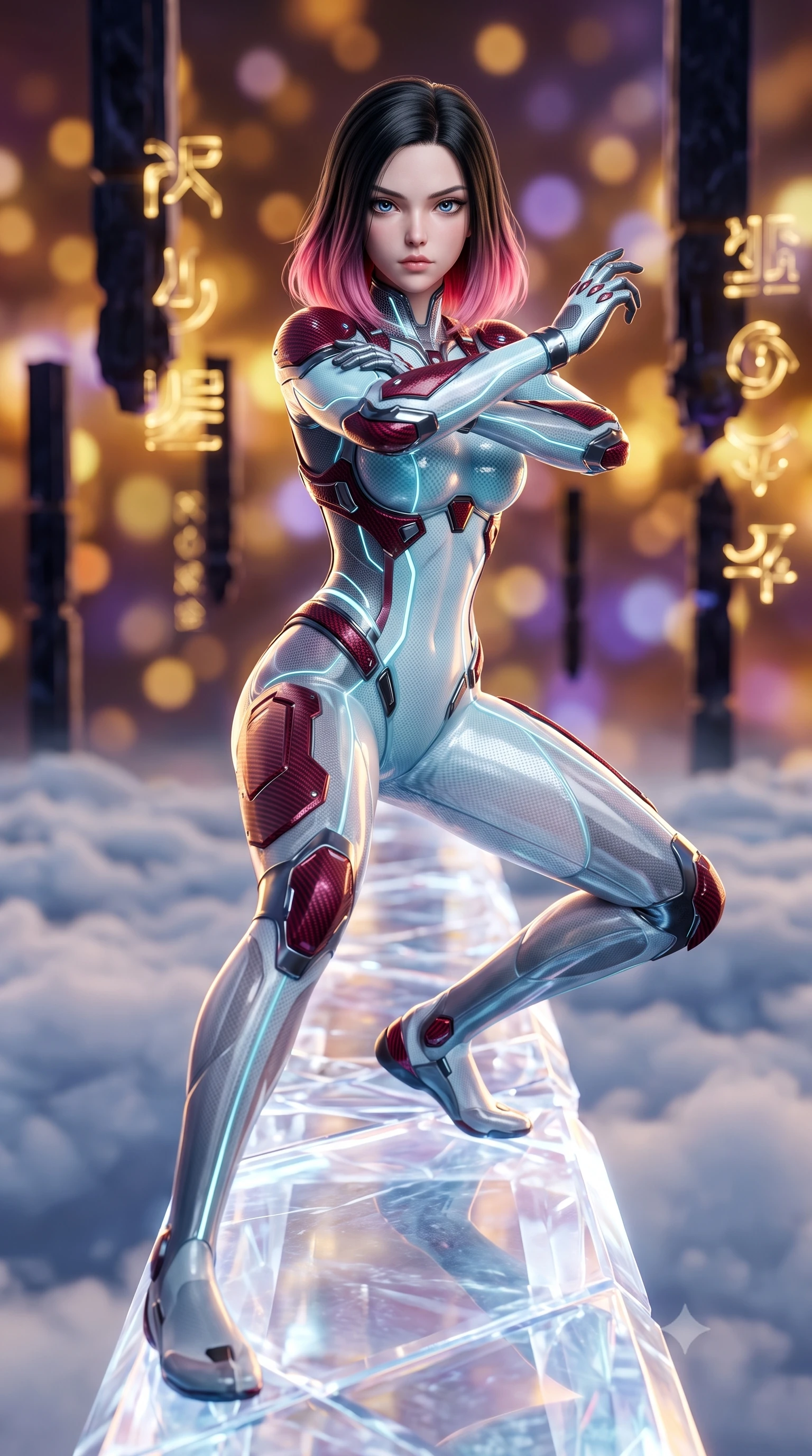 score_9, masterpiece, best quality, ultra-detailed, high-budget anime keyframe, semi-realistic 3D game render, editorial fashion photography, tasteful artistic composition, Korean woman. close-up cowboy shot from the waist and thighs up, the character dominates the composition, filling the frame with her large presence. shifting into a low cat-stance with arms crossed defensively, glowing energy conduits tracing her ultra-slim waist and sculpted clavicle while stepping along a glowing crystal bridge suspended above clouds with arms held in ancient martial arts harmony. The composition keeps background elements in soft focus with creamy bokeh. floating obsidian temple pillars and golden holographic glyphs blurred into rich amber, gold, and violet bokeh. She has an exceptionally elegant, slender, and willowy female figure with an ultra-slim waist, a gracefully sculpted slender torso, toned flat midriff, and a refined slim silhouette. sharp v-shaped jawline, high-bridge nose, intricate jewel-like eyes with depth, thick eyelashes, glossy lips with a natural sheen, flawlessly proportioned anatomical accuracy, strict slender model proportions, natural body alignment, perfectly sculpted long slender limbs, ultra-slim waistline, clean dynamic posture without body distortion. wearing an ultra-sleek glacial-cyan and white carbon-mesh combat bodysuit with frost-resistant kinetic shock-absorber plating in deep crimson carbon weave with specular dark chrome accents, crafted from semi-translucent cybernetic carbon-vinyl interwoven with glowing micro-filaments, reinforced by a sleek titanium kinetic harness and glowing micro-energy straps, the form-contouring material adhering flawlessly to her sculpted flat midriff and slender torso, emphasizing her long leg lines and perfectly proportioned willowy build. surrounded by an awe-inspiring, ancient, and radiantly transcendent martial muse sovereignty aura. rich saturated anime colors with glowing neon highlights, detailed shading with soft gradients, rich glossy textures, high-contrast stereoscopic depth, volumetric dynamic lighting, master piece, 9:16 ratio