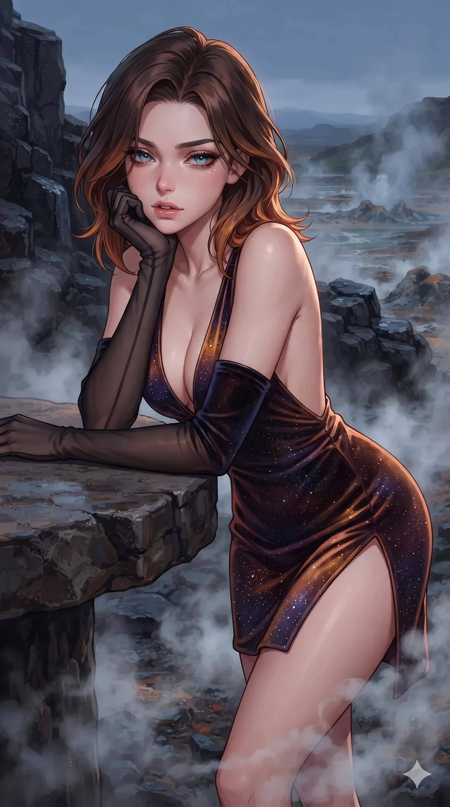 score_9, masterpiece, best quality, ultra-detailed, high-budget anime keyframe, editorial fashion photography, tasteful artistic composition, Korean woman. close-up cowboy shot from the waist and thighs up, the character dominates the composition, filling the frame with her large presence. resting one elbow on the table and supporting her chin, leaning close to the camera with heavy-lidded sparkling eyes and parted lips while standing poised on the rugged basalt promontory between natural steam vents, arching her spine with dancer-like poise as thermal mist curls around her slender limbs. The surrounding environment is rendered in vivid detail and crisp panoramic clarity: sharp porous basalt textures, micro-water beads on skin and rock, and crisp stone fracture lines in deep focus. She has an exceptionally elegant, slender, and willowy female figure with an ultra-slim waist, flat toned midriff, narrow ribcage, and sculpted feminine hips creating an alluring, slim hourglass silhouette without bulk. sharp v-shaped jawline, high-bridge nose, intricate jewel-like sparkling eyes with depth, thick eyelashes, glossy parted lips with a natural sheen, intensely captivating and seductive bedroom-eyes expression, exuding both youthful cute charm and sovereign luxury allure, flawlessly proportioned anatomical accuracy, strict slender model proportions, natural body alignment, perfectly sculpted long slender limbs, ultra-slim waistline, clean dynamic posture without body distortion. wearing a backless crushed velvet mini dress with a deep plunging neckline and hip-high thigh slit in cosmic eclipse amber and starlight diamond, crafted from luxurious metallic lamé that shifts radiance with every step, complemented by sheer opera-length evening gloves tracing her slender arms, the bespoke structured tailoring following the natural line of her 8.5-heads silhouette with refined elegance. illuminated by wet stone reflection bounce and sharp silver-amber rim lights sculpting her razor-sharp jawline, narrow waist, and curvy hips. ultra-reflective glossy finish, specular highlights, rich textural contrasts, high-contrast stereoscopic depth, volumetric dynamic lighting, 2k, ultra detail, master piece, 9:16 ratio