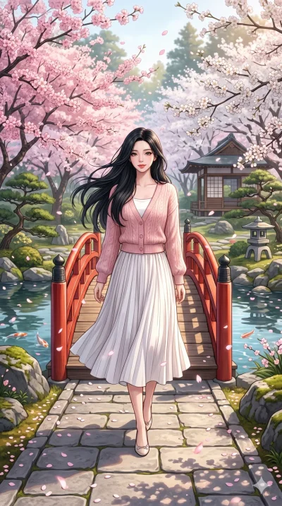 score_9, score_8_up, score_7_up, source_anime, masterpiece, best quality, ultra-detailed, same character with long flowing black hair, wearing a light pink cardigan and a white skirt, full body shot walking through a Japanese garden with a red bridge