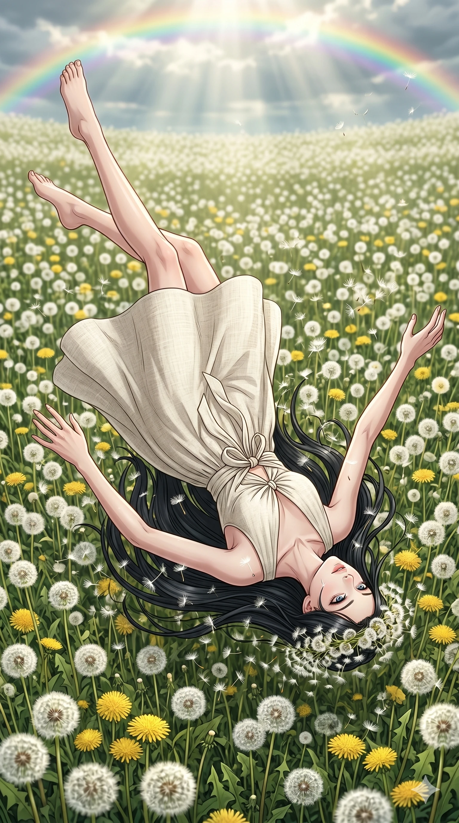 score_9, masterpiece, best quality, ultra-detailed, high-budget anime movie keyframe, cinematic anime lighting, intricate line art, Korean woman. Extreme high angle shot as she leaps towards the camera, filling the frame. collapsing in a field of dandelions as their seeds form a crown. She has an absolutely perfect 8-heads proportion, an exceptionally tall and slender female figure with an ultra-slim waist and impossibly long slender legs. strictly human anatomy, two legs only, no extra limbs, clearly defined legs and arms, perfect anatomy, perfect hands and fingers. sharp v-shaped jawline, high-bridge nose, intricate jewel-like eyes, thick eyelashes, glossy lips. Wearing Seasonal/Resort: High-cut one-piece with sarong, linen sundress with tie-back, and sheer fabric wrap. The scene is illuminated by dramatic atmospheric lighting and vibrant color palettes. , 2k, ultra detail, master piece, 9:16 ratio