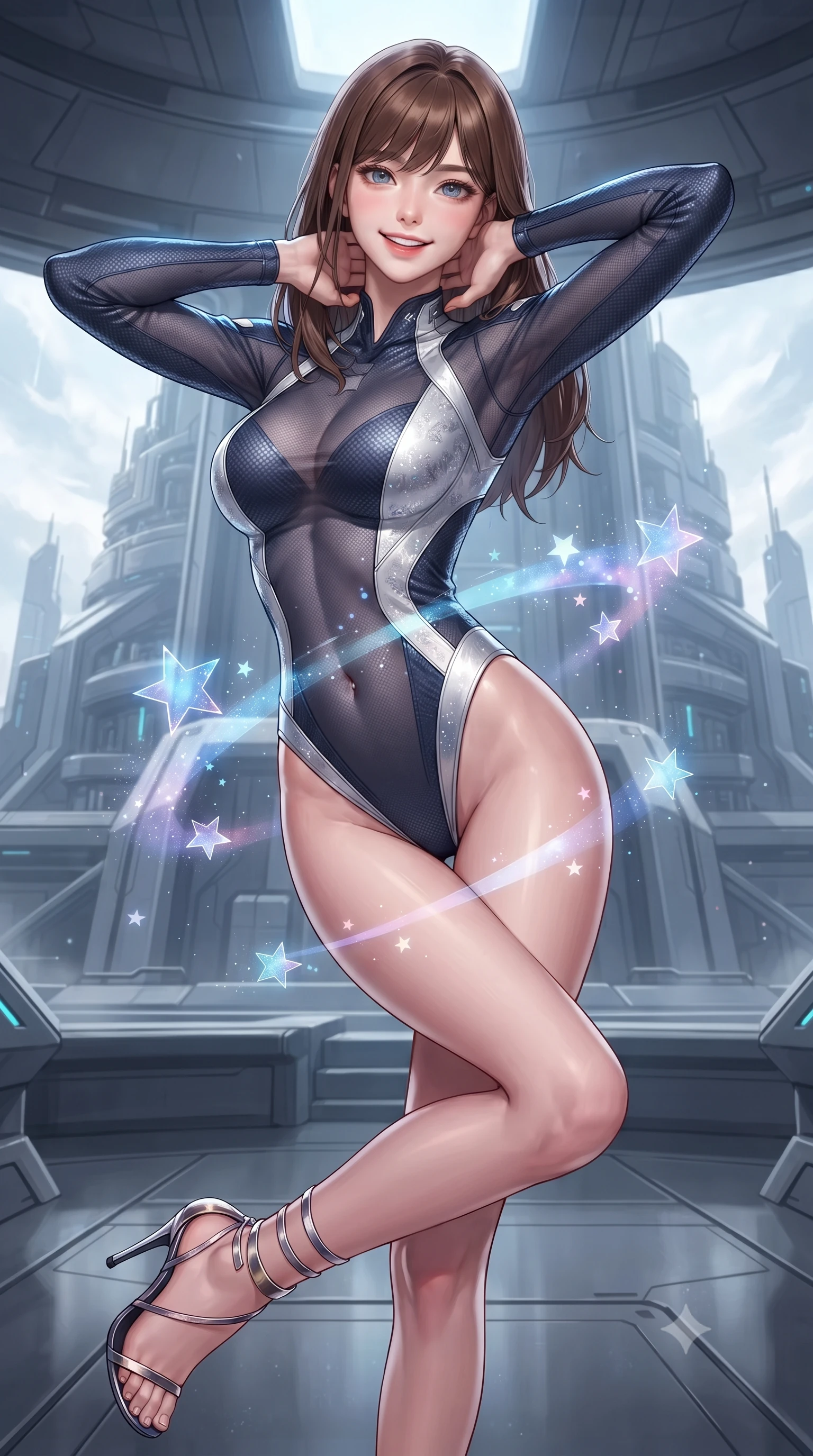 score_9, masterpiece, best quality, ultra-detailed, high-budget anime keyframe, editorial fashion photography, tasteful artistic composition, Korean woman. close-up cowboy shot from the waist and thighs up, the character dominates the composition, filling the frame with her large presence. resting both hands lightly behind her neck with elbows raised, arching her spine to highlight her narrow waist, flat midriff, and breathtaking collarbones while twisting her slender torso in an alluring S-curve, floating holographic stars and nebulae casting celestial light ribbons across her flat midriff and hourglass curves. The surrounding environment is rendered in vivid detail and crisp panoramic clarity: detailed tactical gown tailoring, futuristic rank insignia, and monumental command headquarters architecture in high resolution. She has an exceptionally elegant, slender, and willowy female figure with an ultra-slim waist, flat toned midriff, narrow ribcage, and sculpted feminine hips creating an alluring, slim hourglass silhouette without bulk. sharp v-shaped jawline, high-bridge nose, intricate jewel-like sparkling eyes with depth, thick eyelashes, glossy parted lips with a natural peach sheen, bright cheerful beaming smile with an enchanting and coquettish sensual glint, exuding both youthful cute charm and seductive allure, flawlessly proportioned anatomical accuracy, strict slender model proportions, natural body alignment, perfectly sculpted long slender limbs, ultra-slim waistline, clean dynamic posture without body distortion. wearing a provocative sheer-illusion tactical combat bodysuit with strategic metallic foil flocking and high-cut leg openings in pristine orbital navy white and silver starlight, woven from structured carbon-fiber jacquard with rich textural depth, complemented by strappy stiletto sandals with metallic ankle wraps accentuating her slender calves, the precision-cut side openings and low-back scoop framing her graceful spine and the sensual sweep of her slim, toned hips. illuminated by polished obsidian dais bounce and sharp starlight-cyan rim lights defining her razor-sharp jawline, narrow waist, and curvy hips. ultra-reflective glossy finish, specular highlights, rich textural contrasts, high-contrast stereoscopic depth, volumetric dynamic lighting, 2k, ultra detail, master piece, 9:16 ratio