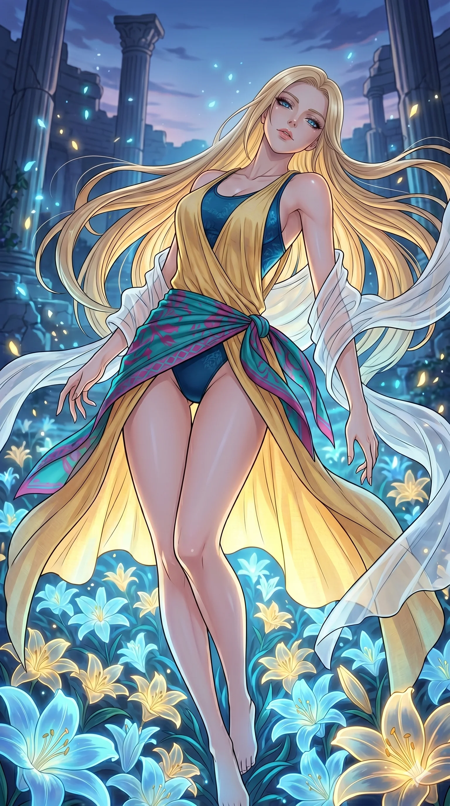 score_9, masterpiece, best quality, ultra-detailed, high-budget anime movie keyframe, cinematic anime lighting, intricate line art, Japanese woman. Low angle cowboy shot capturing a powerful motion and statuesque presence. collapsing onto a bed of glowing lilies after a magical battle. She has an absolutely perfect 8-heads proportion, an exceptionally tall and slender female figure with an ultra-slim waist and impossibly long slender legs. strictly human anatomy, two legs only, no extra limbs, clearly defined legs and arms, perfect anatomy, perfect hands and fingers. sharp v-shaped jawline, high-bridge nose, intricate jewel-like eyes, thick eyelashes, glossy lips. Wearing Seasonal/Resort: High-cut one-piece with sarong, linen sundress with tie-back, and sheer fabric wrap. The scene is illuminated by dramatic atmospheric lighting and vibrant color palettes. , 2k, ultra detail, master piece, 9:16 ratio