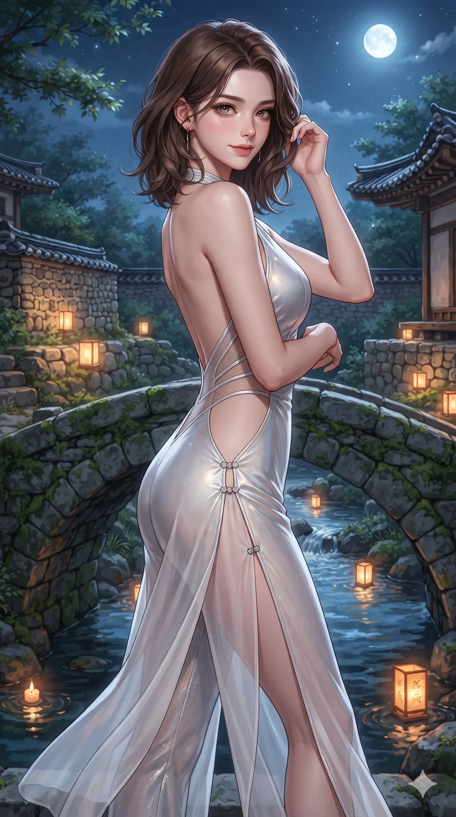 score_9, masterpiece, best quality, ultra-detailed, high-budget anime keyframe, editorial fashion photography, tasteful artistic composition, Korean woman. close-up cowboy shot from the waist and thighs up, the character dominates the composition, filling the frame with her large presence. gently brushing a lock of silk hair behind her ear while casting a playful, flirtatious side-gaze with long eyelashes while stepping gracefully over the arched stone crest, glancing back over a bare shoulder with an irresistible smoldering bedroom-gaze. The surrounding environment is rendered in vivid detail and crisp panoramic clarity: detailed wet-look vinyl bustier tailoring, sheer chiffon wrap trousers, and traditional stone masonry in razor-sharp precision. She has an exceptionally elegant, slender, and willowy female figure with an ultra-slim waist, flat toned midriff, narrow ribcage, and sculpted feminine hips creating an alluring, slim hourglass silhouette without bulk. sharp v-shaped jawline, high-bridge nose, sparkling eyes with hypnotic seductive depth, thick curled eyelashes, glossy parted lips with a natural dewy peach sheen, alluring bedroom-eyes with an enchanting coquettish smile, exuding magnetic siren charisma and sophisticated glamour, flawlessly proportioned anatomical accuracy, strict slender model proportions, natural body alignment, perfectly sculpted long slender limbs, ultra-slim waistline, clean dynamic posture without body distortion. wearing a backless liquid metallic lamé plunge halterneck jumpsuit with high-cut side hip cutouts in celestial pearl white and moonlight platinum, featuring strategic sheer-illusion micro-mesh cutouts along her ribcage and hip flanks, finished with an ultra-high side slit secured by miniature jeweled clasps, the impeccably tailored cut draping gracefully along her slender figure with aristocratic eastern poise. bathed in radiant celestial moonlight combined with floating candle lantern glows from the stream. ultra-reflective glossy finish, specular highlights, rich textural contrasts, high-contrast stereoscopic depth, volumetric dynamic lighting, 2k, ultra detail, master piece, 9:16 ratio