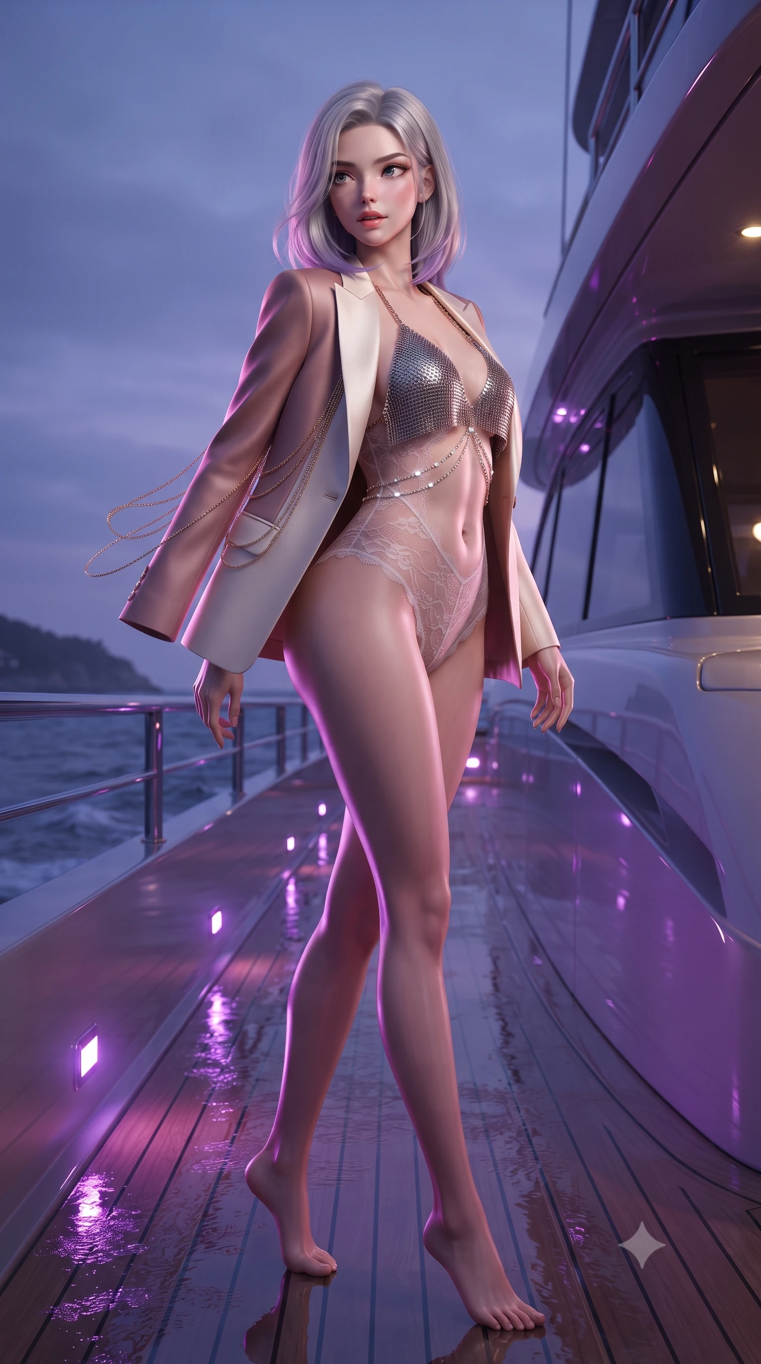 score_9, masterpiece, best quality, ultra-detailed, high-budget anime keyframe, editorial fashion photography, tasteful artistic composition, Caucasian woman. low angle full-body shot from head to toe showing her feet, filling the entire 9:16 vertical frame with her statuesque presence, stretching her vertical silhouette. executing a slow, graceful pivot turn as her skirt sways around her slender legs, glancing back with an enchanting, teasing sensual expression while twisting her slender torso in an alluring contrapposto stance, ambient purple deck lights and coastal bass waves tracing her curves. The surrounding environment is rendered in vivid detail and crisp panoramic clarity: detailed metallic chainmail halter top shine, diamond belly chain sparkle, and luxury yacht engineering in razor-sharp precision. She has an absolutely perfect, statuesque 8.5-heads proportion, an exceptionally tall and slender model-like female figure with impossibly long slender legs, an ultra-slim waist, a flat toned midriff, narrow delicate ribcage, and beautifully sculpted feminine hips creating a graceful, slim hourglass silhouette without any bulky heaviness. sharp v-shaped jawline, high-bridge nose, sparkling eyes with hypnotic seductive depth, thick curled eyelashes, glossy parted lips with a natural dewy peach sheen, alluring bedroom-eyes with an enchanting coquettish smile, exuding magnetic siren charisma and sophisticated glamour, flawlessly proportioned anatomical accuracy, strict slender model proportions, natural body alignment, perfectly sculpted long slender limbs, ultra-slim waistline, clean dynamic posture without body distortion. wearing a delicate sheer French Chantilly lace teddy layered under an open tailored tuxedo blazer draped over bare shoulders in dusky blush pink and warm ivory lace, made of semi-opaque stretch illusion mesh with soft shadowy contours, accented with an open-back drape framed by falling strands of delicate gold chains, the liquid-tight tailored fabric clinging flawlessly to her narrow waist and rounded feminine hips, emphasizing every millimeter of her sculpted slim hourglass curves without any bulky heaviness. illuminated by high-gloss deck reflections and sharp magenta-gold rim lights sculpting her jawline, flat midriff, and voluptuous hip curves. ultra-reflective glossy finish, specular highlights, rich textural contrasts, high-contrast stereoscopic depth, volumetric dynamic lighting, 2k, ultra detail, master piece, 9:16 ratio
