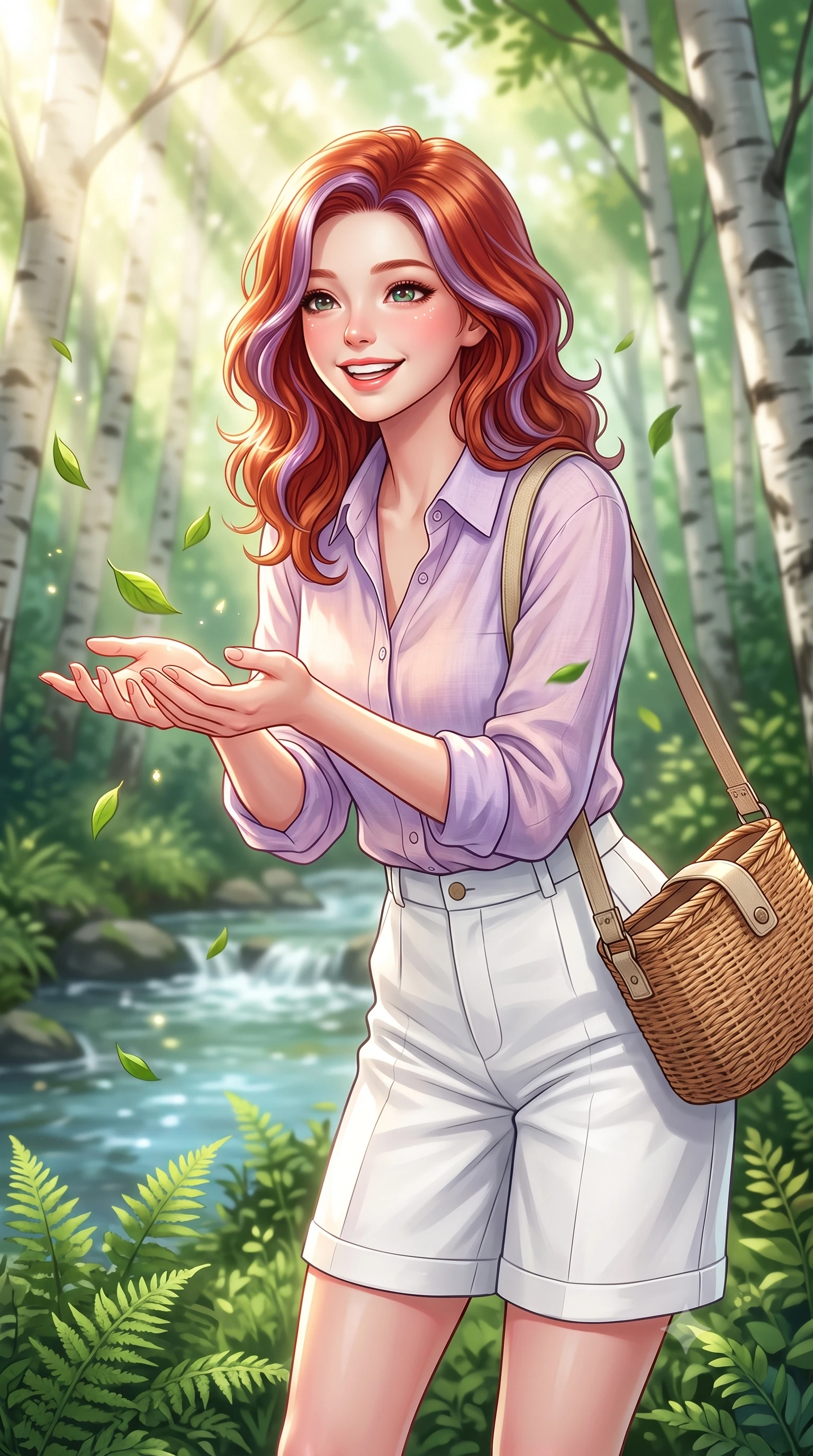 score_9, masterpiece, best quality, ultra-detailed, high-budget anime keyframe, semi-realistic 3D game render, editorial fashion photography, tasteful artistic composition, Caucasian woman. close-up cowboy shot from the waist and thighs up, the character dominates the composition, filling the frame with her large presence. radiating a joyful bright smile with sparkling jewel-like eyes and pure charming energy, leaning forward with playful grace while catching dancing sunbeams and falling green leaves with cupped hands in a joyful, dynamic pose. The composition keeps background elements in soft focus with creamy bokeh. babbling brook currents and lush fern undergrowth softened by gentle shallow depth of field. She has an exceptionally elegant, slender, and willowy female figure with an ultra-slim waist, a gracefully sculpted slender torso, toned flat midriff, and a refined slim silhouette. sharp v-shaped jawline, high-bridge nose, intricate jewel-like eyes with depth, thick eyelashes, glossy lips with a natural sheen, pure and lovely fresh girlhood expression, flawlessly proportioned anatomical accuracy, strict slender model proportions, natural body alignment, perfectly sculpted long slender limbs, ultra-slim waistline, clean dynamic posture without body distortion. wearing a lightweight pastel linen button-down shirt paired with tailored high-rise white Bermuda shorts in subtle lilac violet and soft rose gold, tailored from crisp organic cotton poplin, accessorized with a rustic woven wicker bag and canvas strap, the relaxed yet flattering fit accentuating her naturally graceful and slender figure, highlighting her youthful charm and lovely silhouette. bathed in heavenly volumetric sunbeams piercing through the dense birch canopy. highly saturated vibrant anime colors, detailed shading with soft gradients, rich glossy textures, high-contrast stereoscopic depth, volumetric dynamic lighting, master piece, 9:16 ratio