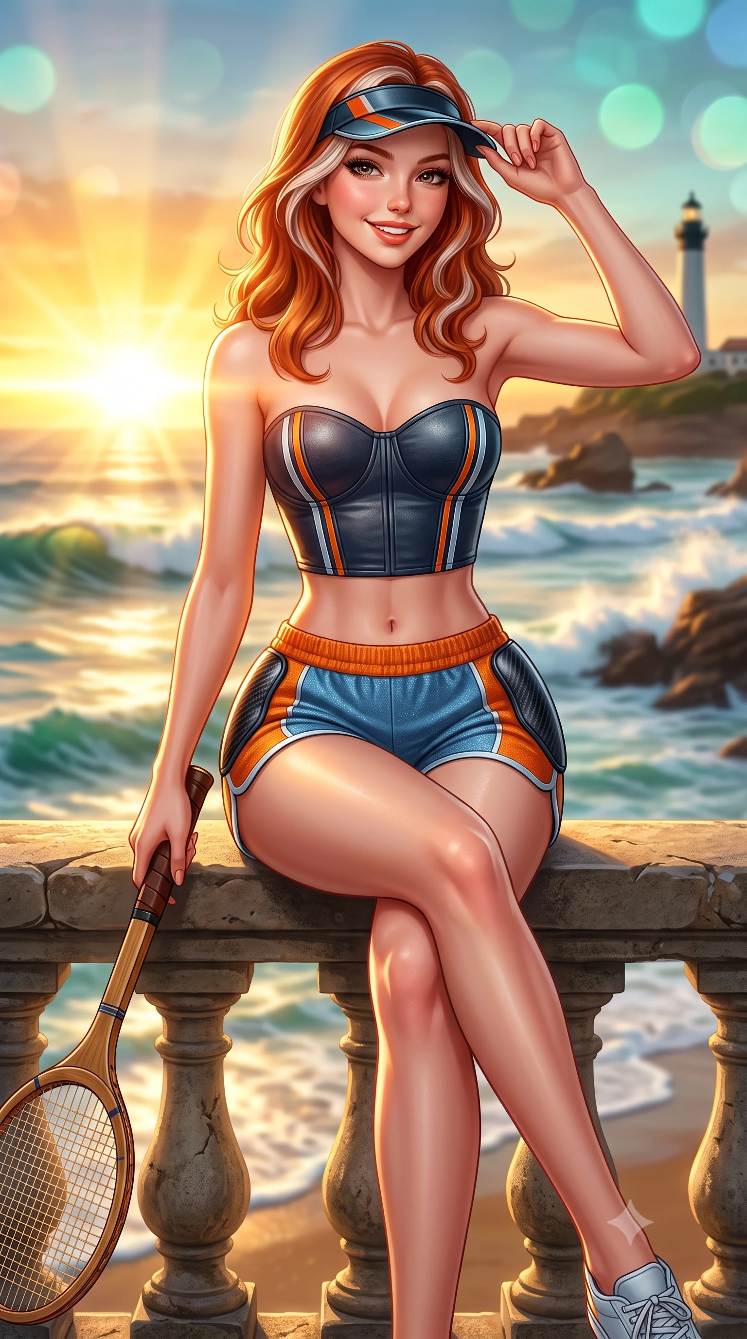 score_9, masterpiece, best quality, ultra-detailed, high-budget anime keyframe, semi-realistic 3D game render, editorial fashion photography, tasteful artistic composition, Caucasian woman. close-up cowboy shot from the waist and thighs up, the character dominates the composition, filling the frame with her large presence. tilting her head with a cute beaming smile while arching her spine with athletic poise, one hand adjusting her racing visor in a flirtatious S-curve while sitting perched on the court stone balustrade with legs crossed, holding a wooden tennis racket with effortless French Basque allure. The background shows a soft-focus the dramatic rolling Atlantic surf breaking over coastal rocks and the historic Biarritz lighthouse blurred into seafoam, aquamarine, and amber bokeh. She has an exceptionally elegant, slender, and willowy female figure with an ultra-slim waist, flat toned midriff, narrow ribcage, and sculpted feminine hips creating an alluring, slim hourglass silhouette without bulk. sharp v-shaped jawline, high-bridge nose, sparkling eyes with athletic focus and depth, thick curled eyelashes, glossy parted lips with a natural coral-peach sheen, bright confident and coquettish smile with alluring bedroom-eyes, exuding both youthful sporty vigor and sovereign high-society glamour, flawlessly proportioned anatomical accuracy, strict slender model proportions, natural body alignment, perfectly sculpted long slender limbs, ultra-slim waistline, clean dynamic posture without body distortion. wearing a strapless structured leather corset top with racing stripe accents paired with high-waisted track shorts in vintage Porsche Gulf blue and vibrant race orange, woven from metallic lurex and technical nylon with subtle starlight glints, accented with sleek aerodynamic carbon-fiber hip pads framing her narrow waist, the high-waisted wrap tailoring accentuating her ultra-slim waistline and the enchanting curve of her feminine hips with alluring sporty charm. bathed in intense golden sunset rays breaking horizontally across the Atlantic Ocean. highly saturated vibrant anime colors, detailed shading with soft gradients, rich glossy textures, high-contrast stereoscopic depth, volumetric dynamic lighting, master piece, 9:16 ratio