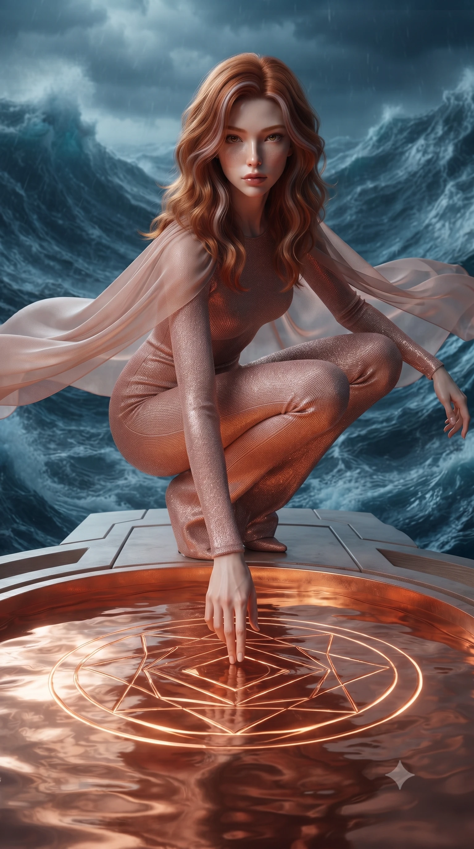 score_9, masterpiece, best quality, ultra-detailed, High-budget Anime Keyframe, editorial fashion photography, tasteful artistic composition, realistic cosplay photography, Caucasian woman, strictly human ears. Low angle cowboy shot filling the entire 9:16 frame with her statuesque presence. Scenario 529: tracing geometric patterns in a pool of warm liquid copper inside a floating platform suspended over a stormy sea of dark blue water. Her presence is magnetic and overpowering in this high-budget cinematic scene. Outfit 529: a tailored rose-gold bodycon knit jumpsuit draped with a semi-transparent chiffon cape. The clothing is designed to emphasize her exceptionally tall and slender 8-heads proportion. 8-heads proportion, towering silhouette, ultra-slim waist. sharp v-shaped jawline, intricate jewel-like eyes with depth, thick eyelashes, glossy lips. ultra-reflective glossy finish, specular highlights, metallic sheen, high-contrast stereoscopic depth, volumetric dynamic lighting, 2k, ultra detail, master piece, 9:16 ratio
