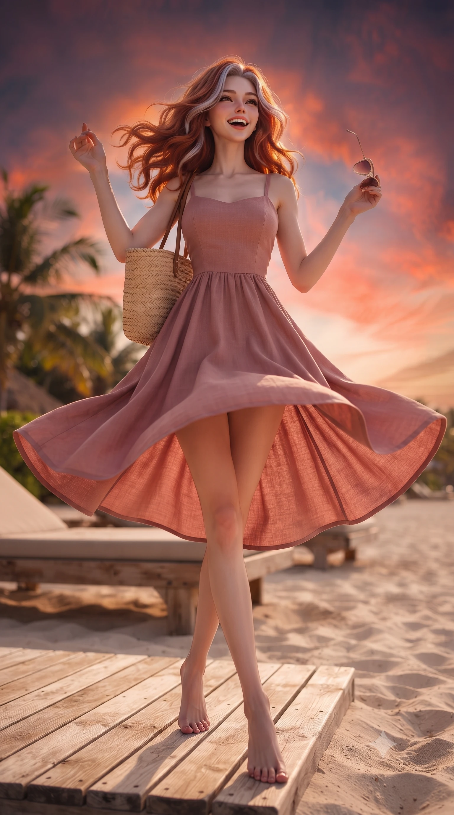 score_9, masterpiece, best quality, ultra-detailed, high-budget anime keyframe, editorial fashion photography, tasteful artistic composition, Caucasian woman. low angle full-body shot from head to toe showing her feet, filling the entire 9:16 vertical frame with her statuesque presence, stretching her vertical silhouette. twirling around with a playful, sensual laugh, her dress fluttering elegantly to accent her waistline set against a soft-focus background of on a wooden sunbed deck built directly on the sandy beach under palms holding a cute straw tote bag and a pair of sunglasses. She has an absolutely perfect, statuesque 8.5-heads proportion, an exceptionally tall and slender model-like female figure with impossibly long slender legs and an ultra-slim waist. sharp v-shaped jawline, high-bridge nose, intricate jewel-like eyes with depth, thick eyelashes, glossy lips with a natural sheen. wearing form-contouring flowy linen sundress in dusty rose, draped softly and comfortably. the dramatic red and orange sunset sky casting a majestic rim light on her. highly saturated vibrant anime colors, detailed shading with soft gradients, rich glossy textures, high-contrast stereoscopic depth, volumetric dynamic lighting, master piece, 9:16 ratio