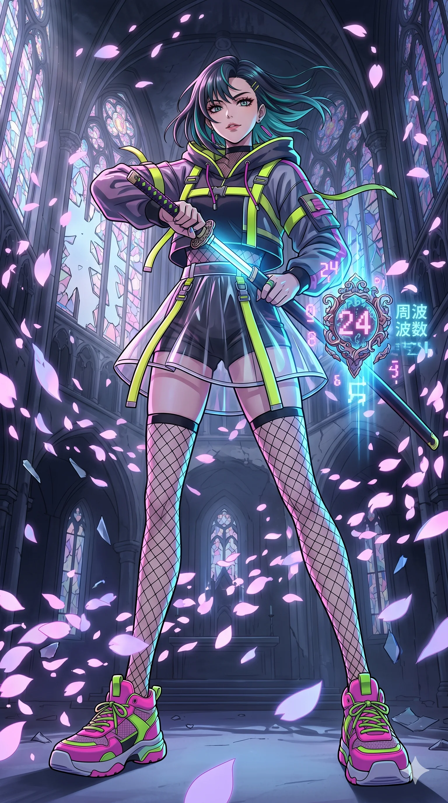 score_9, masterpiece, best quality, ultra-detailed, Set A: High-budget Anime Keyframe, Japanese woman. Low angle cowboy shot filling the entire 9:16 frame with her statuesque presence. Drawing a blade through a shattered glass cathedral, holding a relic that pulses with the frequency 24 and surrounded by digital sakura petals. She has an absolutely perfect 8-heads proportion, an exceptionally tall and slender female figure with impossibly long slender legs and an ultra-slim waist. Sharp v-shaped jawline, high-bridge nose, intricate jewel-like eyes with depth, thick eyelashes, glossy lips with a natural sheen. Wearing Streetwear tech-hoodie with a transparent PVC skirt and neon sneakers. Cinematic lighting, vibrant colors, dramatic shadows, 2k, ultra detail, master piece, 9:16 ratio