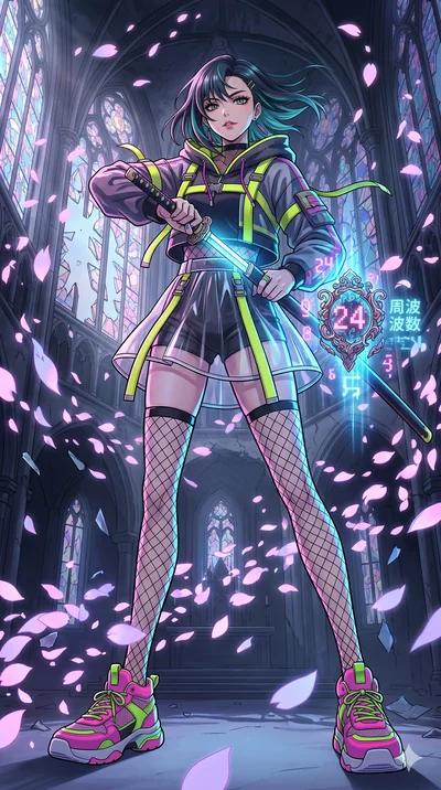 score_9, masterpiece, best quality, ultra-detailed, Set A: High-budget Anime Keyframe, Japanese woman. Low angle cowboy shot filling the entire 9:16 frame with her statuesque presence. Drawing a blade through a shattered glass cathedral, holding a re