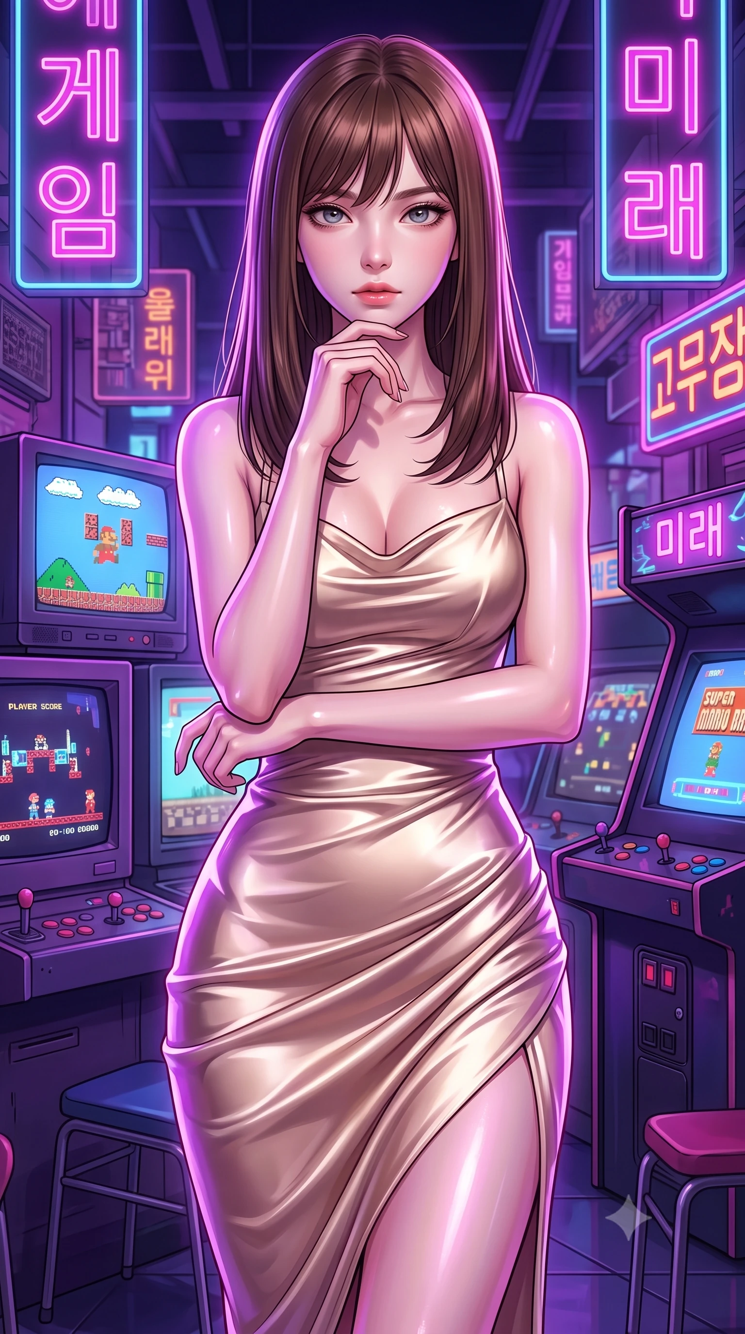 score_9, masterpiece, best quality, ultra-detailed, high-budget anime keyframe, editorial fashion photography, tasteful artistic composition, Korean woman woman. close-up cowboy shot from the waist and thighs up, the character dominates the composition, filling the frame with her large presence, background elements kept in soft focus. She has an exceptionally elegant, slender, and willowy female figure with an ultra-slim waist, a gracefully sculpted slender torso, and a refined silhouette. resting her chin on the back of her fingers in a thoughtful and effortless pose, flawlessly proportioned anatomical accuracy, natural body alignment, perfectly sculpted elegant limbs, clean dynamic posture without body distortion. set against a soft-focus background of a retro cyber arcade filled with glowing CRT screens and neon signs. wearing a sculpted champagne satin bodycon gown following her slender silhouette like liquid metal. bathed in strobing violet and electric pink neon lights refracting on her outfit. highly saturated vibrant anime colors, detailed shading with soft gradients, rich glossy textures, high-contrast stereoscopic depth, volumetric dynamic lighting, master piece, 9:16 ratio