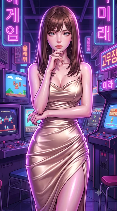 score_9, masterpiece, best quality, ultra-detailed, high-budget anime keyframe, editorial fashion photography, tasteful artistic composition, Korean woman woman. close-up cowboy shot from the waist and thighs up, the character dominates the compositi