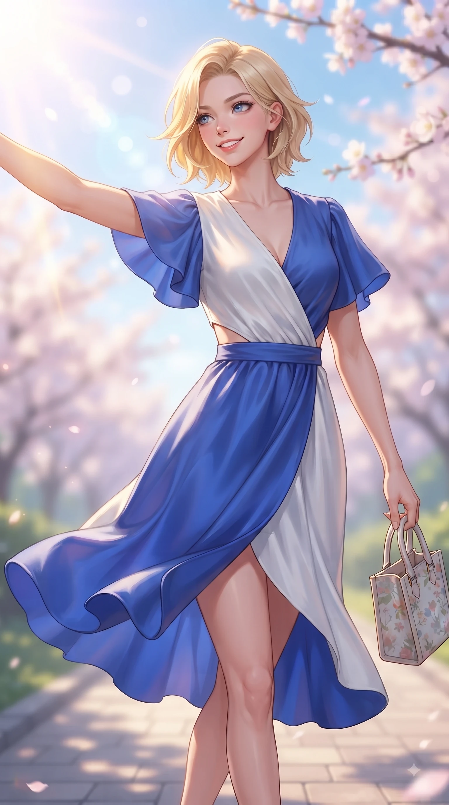 score_9, masterpiece, best quality, ultra-detailed, high-budget anime keyframe, editorial fashion photography, tasteful artistic composition, Caucasian woman. close-up cowboy shot from the waist and thighs up, the character dominates the composition, filling the frame with her large presence. Extending one arm in an elegant stretch toward the light while smiling with vibrant, youthful self-assurance while stepping along a paved park trail carrying a tote bag with fresh youthful charm. The composition keeps background elements in soft focus with dreamy bokeh. pastel spring sky refractions and flower branches blurred in smooth creamy depth. She has an exceptionally elegant, slender, and willowy female figure with an ultra-slim waist, a gracefully sculpted slender torso, and a refined silhouette. sharp v-shaped jawline, high-bridge nose, intricate jewel-like eyes with depth, thick eyelashes, glossy lips with a natural sheen, flawlessly proportioned anatomical accuracy, natural body alignment, perfectly sculpted elegant limbs, clean dynamic posture without body distortion. wearing an elegant V-neck silk wrap dress with fluttery short sleeves and a cinched waist in vibrant cobalt blue and crisp snow white, tailored from fine wool crepe with clean lines, complemented by clean architectural cutouts along her slender torso, the elegant draped fit framing her graceful clavicle and slender torso. bathed in bright morning sunbeams and warm golden sakura backlighting. ultra-reflective glossy finish, specular highlights, metallic sheen, high-contrast stereoscopic depth, volumetric dynamic lighting, 2k, ultra detail, master piece, 9:16 ratio