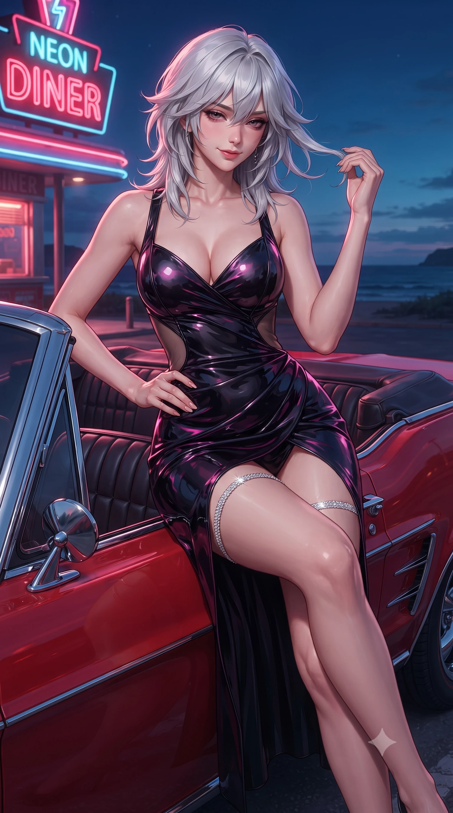 score_9, masterpiece, best quality, ultra-detailed, high-budget anime keyframe, editorial fashion photography, tasteful artistic composition, Japanese woman. close-up cowboy shot from the waist and thighs up, the character dominates the composition, filling the frame with her large presence. twisting her slender torso in an alluring contrapposto stance, one hand resting on her sculpted hip while her fingers toy with her hair with effortless poise while lounging across the leather back seat of the convertible with legs crossed, looking over the windshield with smoldering bedroom-eyes. The surrounding environment is rendered in vivid detail and crisp panoramic clarity: sharp red lacquer car body reflection, chrome bumper gleam, and leather seat stitching in deep focus. She has an exceptionally elegant, slender, and willowy female figure with an ultra-slim waist, flat toned midriff, narrow ribcage, and sculpted feminine hips creating an alluring, slim hourglass silhouette without bulk. sharp v-shaped jawline, high-bridge nose, sparkling eyes with hypnotic seductive depth, thick curled eyelashes, glossy parted lips with a natural dewy peach sheen, alluring bedroom-eyes with an enchanting coquettish smile, exuding magnetic siren charisma and sophisticated glamour, flawlessly proportioned anatomical accuracy, strict slender model proportions, natural body alignment, perfectly sculpted long slender limbs, ultra-slim waistline, clean dynamic posture without body distortion. wearing a deep sweetheart-neckline velvet bodycon dress with sheer side-torso cutouts accentuating her hourglass curves in wet-look onyx black with electric fuchsia reflections, crafted from wet-look high-gloss vinyl fabric with dazzling specular surface reflections, accented with a delicate crystal-encrusted thigh garter strap glinting under the lights, the high-slit wrap tailoring accentuating her ultra-slim waistline and the enchanting curve of her feminine hips with alluring seductive charm. bathed in the glowing neon illumination of the diner sign mixed with twilight coastal sky fill. ultra-reflective glossy finish, specular highlights, rich textural contrasts, high-contrast stereoscopic depth, volumetric dynamic lighting, 2k, ultra detail, master piece, 9:16 ratio