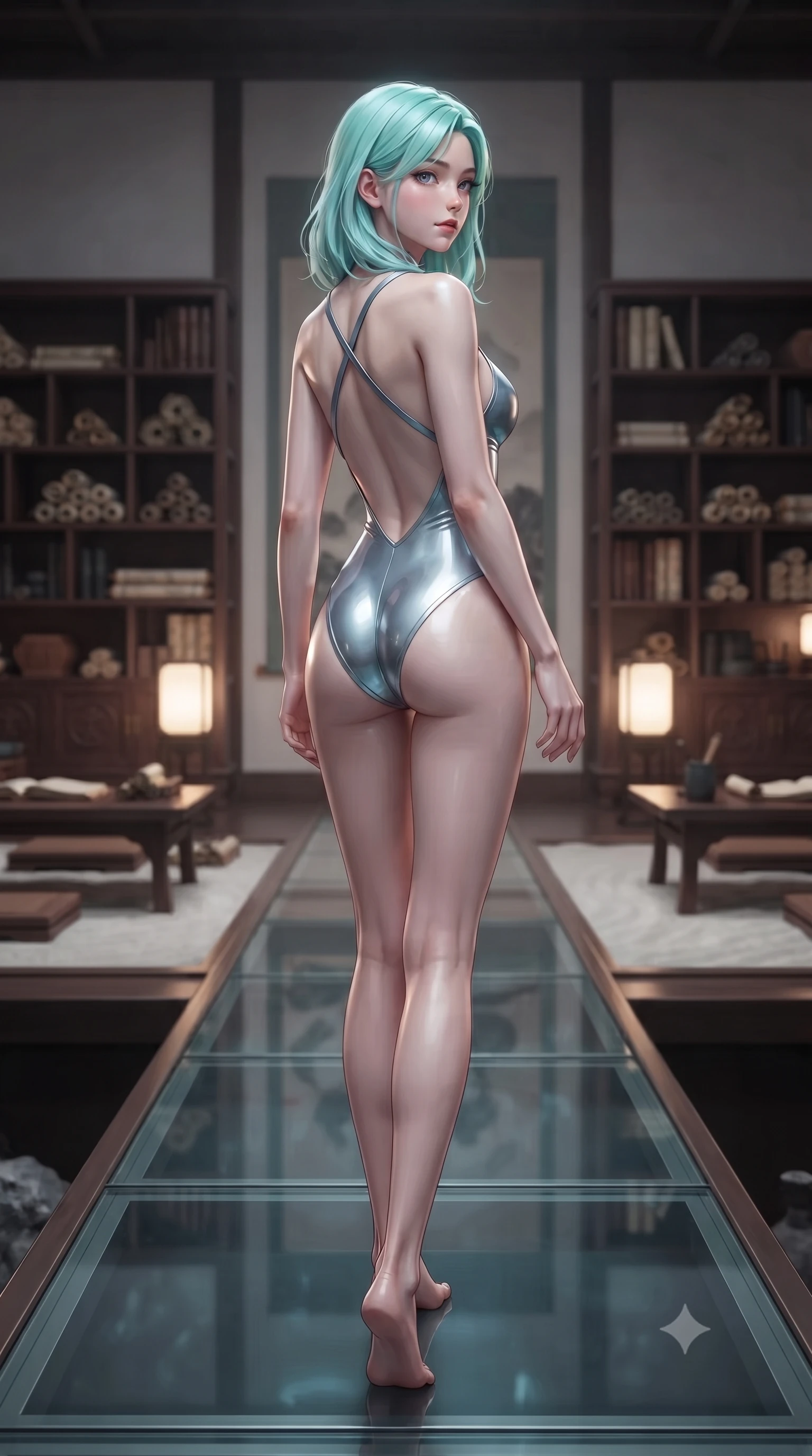 score_9, masterpiece, best quality, ultra-detailed, high-budget anime keyframe, editorial fashion photography, tasteful artistic composition, Japanese woman. low angle full-body shot from head to toe showing her feet, filling the entire 9:16 vertical frame with her statuesque presence, stretching her vertical silhouette. walking slowly along a glass skybridge, looking back over her shoulder with an air of effortless grace, the background shows a soft-focus a rock garden library room with bookshelves, scrolls, and low tables. She has an absolutely perfect, statuesque 8.5-heads proportion, an exceptionally tall and slender model-like female figure with impossibly long slender legs and an ultra-slim waist. sharp v-shaped jawline, high-bridge nose, intricate jewel-like eyes with depth, thick eyelashes, glossy lips with a natural sheen. wearing a slim-fit low-cut cybernetic bodysuit with open-back design and thin structural straps crossing her bare shoulder blades. soft warm reading lights creating a quiet, focused, and meditative mood. ultra-reflective glossy finish, specular highlights, metallic sheen, high-contrast stereoscopic depth, volumetric dynamic lighting, 2k, ultra detail, master piece, 9:16 ratio