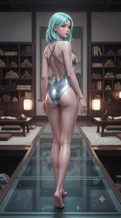 score_9, masterpiece, best quality, ultra-detailed, high-budget anime keyframe, editorial fashion photography, tasteful artistic composition, Japanese woman. low angle full-body shot from head to toe showing her feet, filling the entire 9:16 vertical