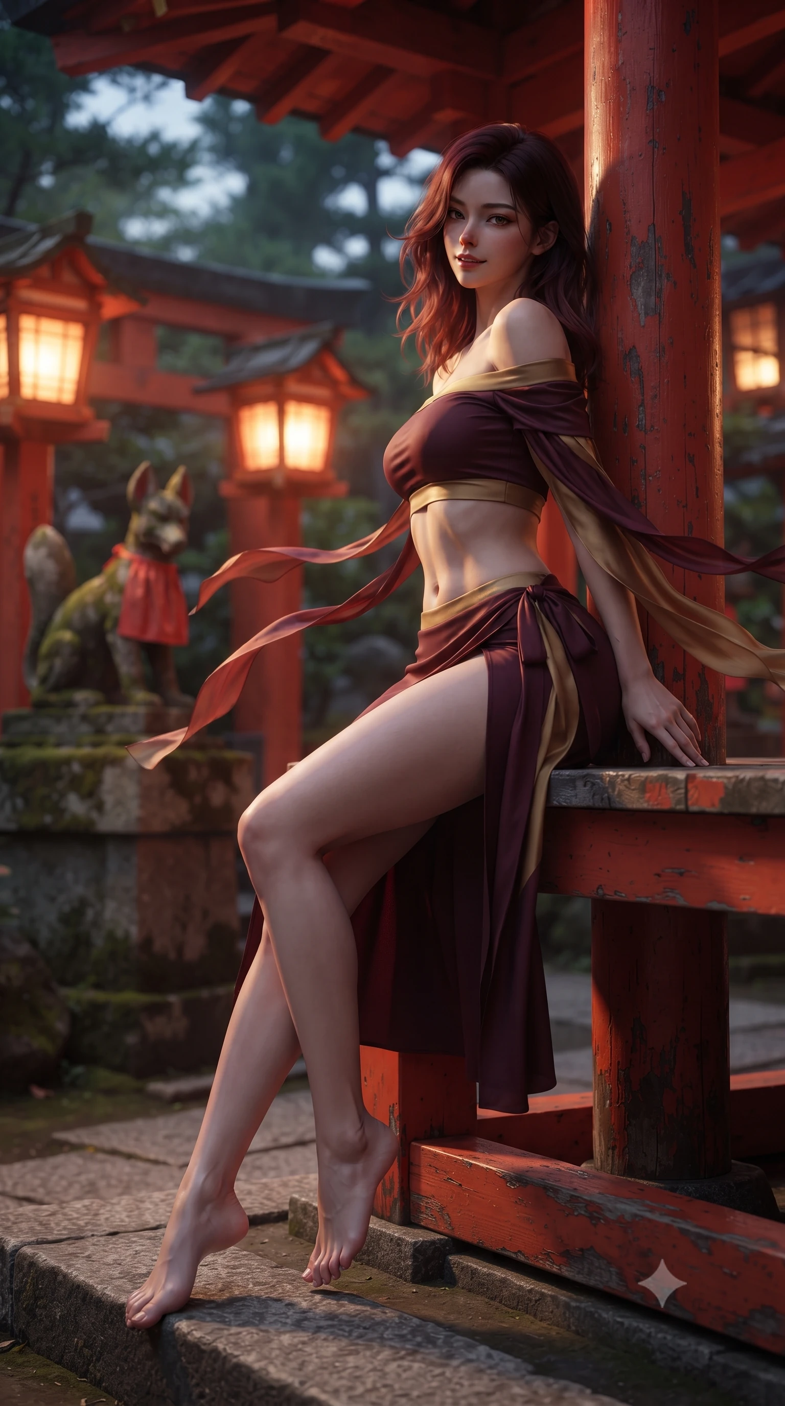 score_9, masterpiece, best quality, ultra-detailed, high-budget anime keyframe, editorial fashion photography, tasteful artistic composition, Korean woman. low angle full-body shot from head to toe showing her feet, filling the entire 9:16 vertical frame with her statuesque presence, stretching her vertical silhouette. sitting perched on the elevated pavilion terrace edge with legs crossed and hips angled toward the camera, displaying her toned midriff and long slender limbs with joyful, coquettish charm while leaning against a vermilion wooden gate post with hips cocked back, looking back over a bare shoulder with a dangerous, smoldering half-smile. The background shows a soft-focus stone fox guardian statues draped in red votive cloths softened in mystical Shinto shallow focus. She has an absolutely perfect, statuesque 8.5-heads proportion, an exceptionally tall and slender model-like female figure with impossibly long slender legs, an ultra-slim waist, a flat toned midriff, narrow delicate ribcage, and beautifully sculpted feminine hips creating a graceful, slim hourglass silhouette without any bulky heaviness. sharp v-shaped jawline, high-bridge nose, intricate jewel-like dark sparkling almond eyes with depth, thick lashes, glossy parted lips with a natural rose-plum sheen, bright alluring and coquettish smile with bedroom-eyes, exuding both timeless oriental elegance and sovereign high-fashion allure, flawlessly proportioned anatomical accuracy, strict slender model proportions, natural body alignment, perfectly sculpted long slender limbs, ultra-slim waistline, clean dynamic posture without body distortion. wearing a modern two-piece fusion set with an off-shoulder crop blouse and high-slit wrap skirt tracing her curvaceous hips in deep wine burgundy and brushed antique gold, made of supple second-skin stretch silk jersey clinging flawlessly to her form, accented with flowing gossamer silk ribbons that flutter dynamically in the evening breeze, the form-fitting tailored bodice adhering flawlessly to her sculpted flat midriff and slender torso, emphasizing her long leg lines and perfectly proportioned willowy build. bathed in radiant vermilion and warm lantern illumination echoing endlessly down the wooden tunnel. ultra-reflective glossy finish, specular highlights, rich textural contrasts, high-contrast stereoscopic depth, volumetric dynamic lighting, 2k, ultra detail, master piece, 9:16 ratio