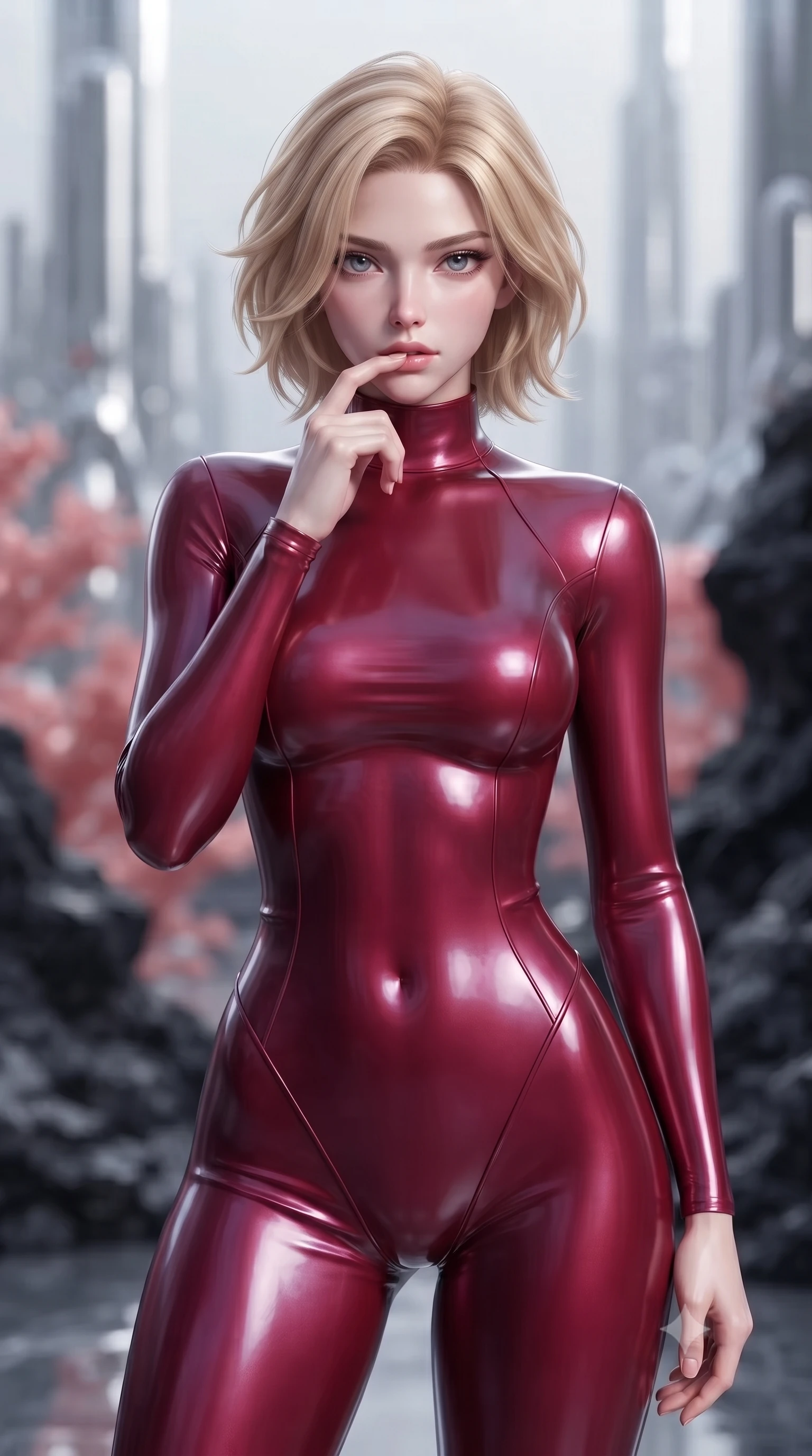 score_9, masterpiece, best quality, ultra-detailed, high-budget anime keyframe, editorial fashion photography, tasteful artistic composition, Caucasian woman. close-up cowboy shot from the waist and thighs up, the character dominates the composition, filling the frame with her large presence, background elements kept in soft focus. pressing one finger to her bottom lip in a thoughtful, composed gesture, locking eyes with the viewer, the background shows a soft-focus a mercury coral forest with towering silver structures and black volcanic rock. She has an exceptionally elegant, slender, and willowy female figure with an ultra-slim waist, a gracefully sculpted slender torso, and a refined silhouette. sharp v-shaped jawline, high-bridge nose, intricate jewel-like eyes with depth, thick eyelashes, glossy lips with a natural sheen. wearing a tailored form-contouring high-neck bodycon suit in deep crimson, contouring her athletic build like a second skin. soft indigo starlight wrapping her form in a cool, specular glaze. ultra-reflective glossy finish, specular highlights, metallic sheen, high-contrast stereoscopic depth, volumetric dynamic lighting, 2k, ultra detail, master piece, 9:16 ratio