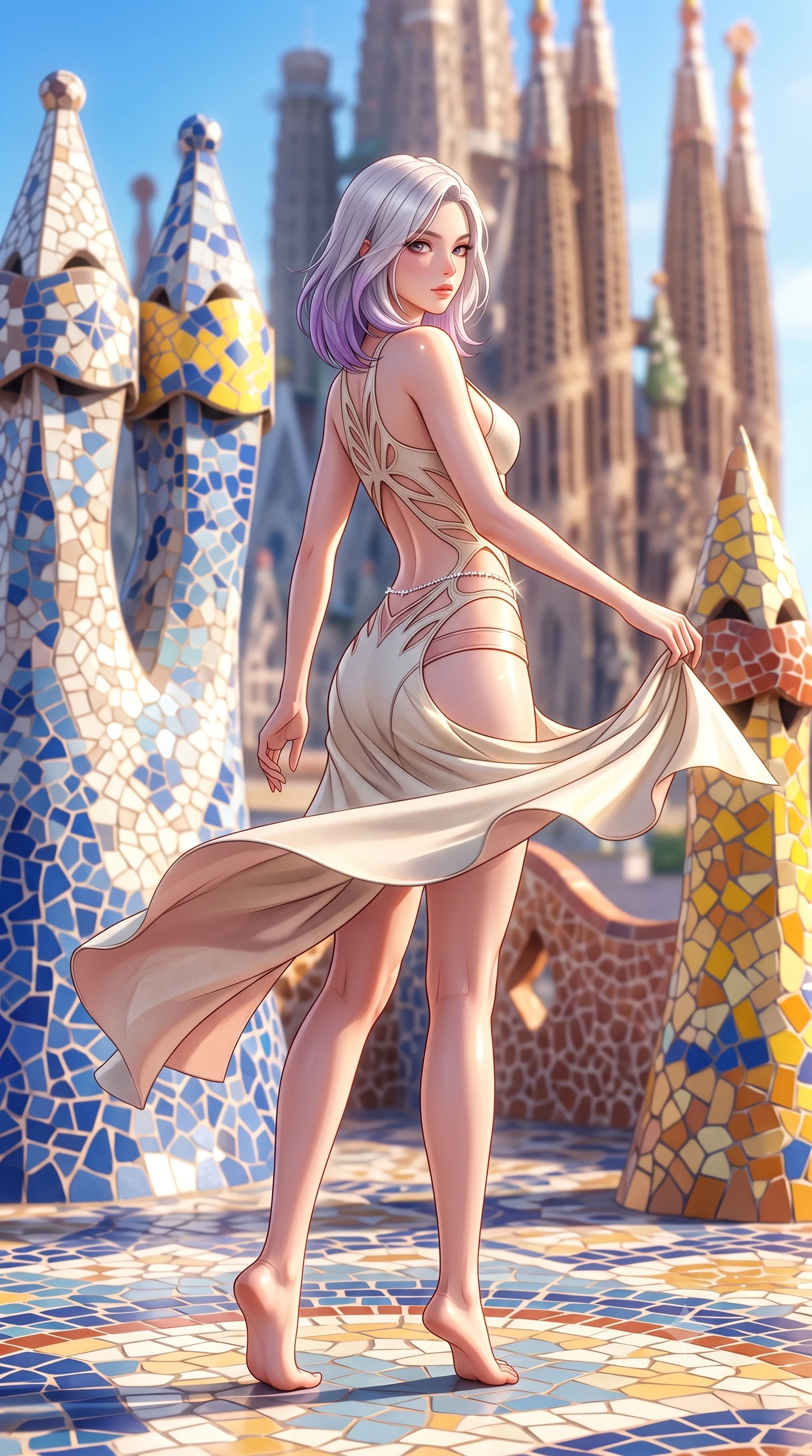 score_9, masterpiece, best quality, ultra-detailed, high-budget anime keyframe, semi-realistic 3D game render, editorial fashion photography, tasteful artistic composition, Caucasian woman. low angle full-body shot from head to toe showing her feet, filling the entire 9:16 vertical frame with her statuesque presence, stretching her vertical silhouette. executing an elegant mid-motion pivot turn as garments swirl around her slender limbs, glancing over her shoulder with an intoxicating bedroom-gaze while striding across the whimsical tiled roof deck as warm Mediterranean winds flutter her high-slit dress around her long slender legs. The composition keeps background elements in soft focus with creamy bokeh. whimsical mosaic chimney spires and distant Sagrada Familia towers blurred into cobalt, sunflower yellow, and terracotta bokeh. She has an exceptionally tall and slender model-like 8.5-heads proportion, an ultra-slim waist, a flat toned midriff, narrow delicate ribcage, and beautifully sculpted feminine hips creating a graceful, slim hourglass silhouette without any bulky heaviness, with impossibly long slender legs. sharp v-shaped jawline, high-bridge nose, intricate jewel-like eyes with depth, thick eyelashes, glossy parted lips with a natural sheen, intensely captivating and seductive bedroom-eyes expression, flawlessly proportioned anatomical accuracy, strict slender model proportions, natural body alignment, perfectly sculpted long slender limbs, ultra-slim waistline, clean dynamic posture without body distortion. wearing a botanical cutout monokini with organic leaf-curve side openings and high-cut hip bands in vintage champagne ivory and delicate rose gold, tailored from water-resistant treated wool gabardine and flexible stretch silk, accented with a dainty diamond waist chain catching the ambient light reflections, the liquid-tight tailored fabric clinging flawlessly to her narrow waist and rounded feminine hips, emphasizing every millimeter of her sculpted slim hourglass curves without any bulky heaviness. illuminated by glowing specular sun glints defining her sculpted collarbones, narrow waist, and curvy hips. highly saturated vibrant anime colors, detailed shading with soft gradients, rich glossy textures, high-contrast stereoscopic depth, volumetric dynamic lighting, master piece, 9:16 ratio
