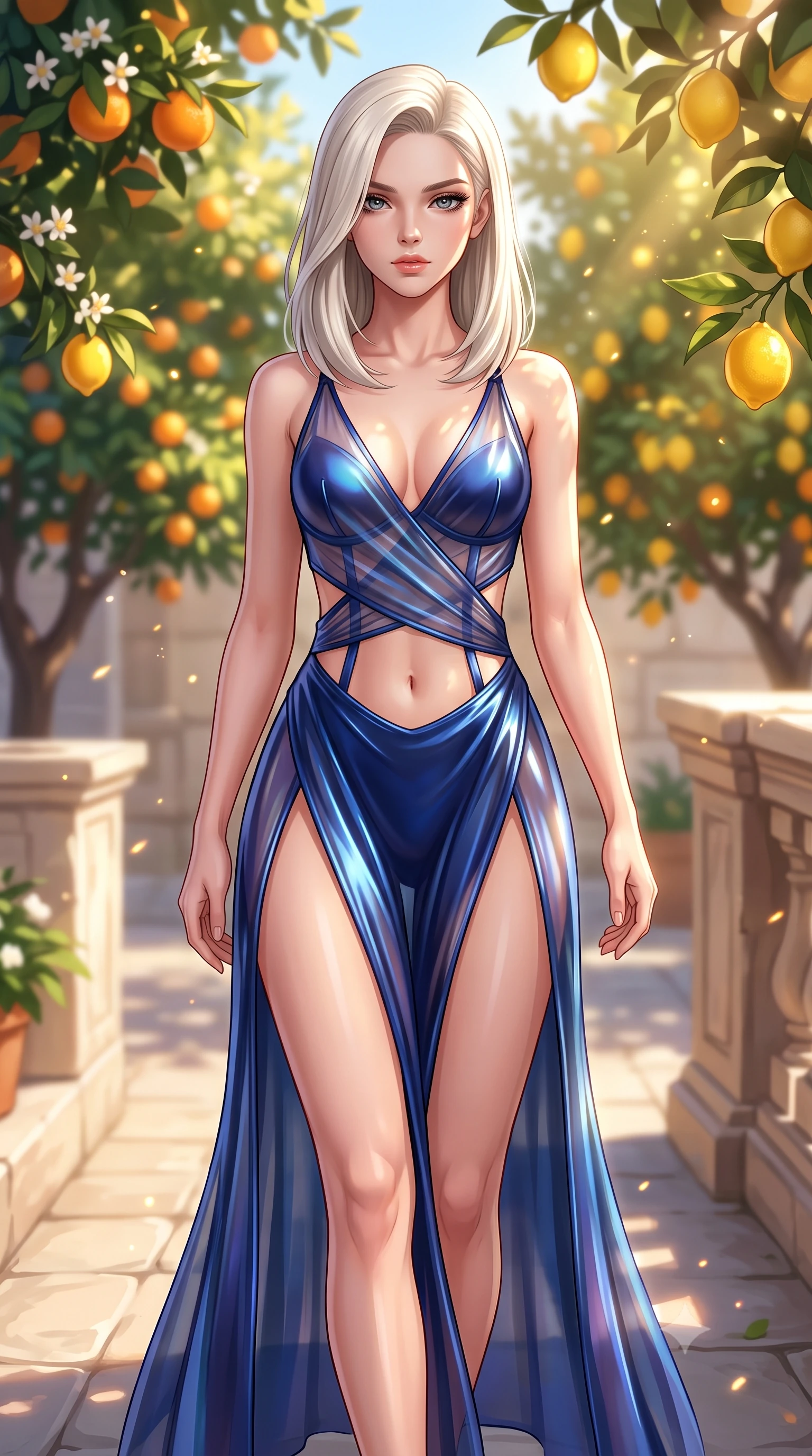 score_9, masterpiece, best quality, ultra-detailed, high-budget anime keyframe, semi-realistic 3D game render, editorial fashion photography, tasteful artistic composition, Caucasian woman. close-up cowboy shot from the waist and thighs up, the character dominates the composition, filling the frame with her large presence. gazing directly into the lens with bedroom eyes and a breathtaking, dangerous allure that commands the entire composition while walking gracefully along a sunlit stone terrace flanked by blooming orange trees and ripe golden lemons. The composition keeps background elements in soft focus with creamy bokeh. warm afternoon sunlight filtering through citrus leaves scattering radiant light motes. She has an exceptionally elegant, slender, and willowy female figure with an ultra-slim waist, a gracefully sculpted slender torso, toned flat midriff, and a refined slim silhouette. sharp v-shaped jawline, high-bridge nose, intricate jewel-like eyes with depth, thick eyelashes, glossy lips with a natural sheen, flawlessly proportioned anatomical accuracy, strict slender model proportions, natural body alignment, perfectly sculpted long slender limbs, ultra-slim waistline, clean dynamic posture without body distortion. wearing a translucent iridescent organza wrap dress with structured bustier boning, plunging neckline, and high-cut dual leg slits in deep royal navy blue and specular chrome, made of liquid metal jersey that clings flawlessly to every contour of her build, complemented by criss-cross back straps highlighting her completely bare spine, the precision-cut daring openings accentuating her delicate midriff, graceful bare collarbones, and ultra-slim feminine waistline. illuminated by bright sky fill light and gentle organic leaf stencil shadows on her skin. highly saturated vibrant anime colors, detailed shading with soft gradients, rich glossy textures, high-contrast stereoscopic depth, volumetric dynamic lighting, master piece, 9:16 ratio