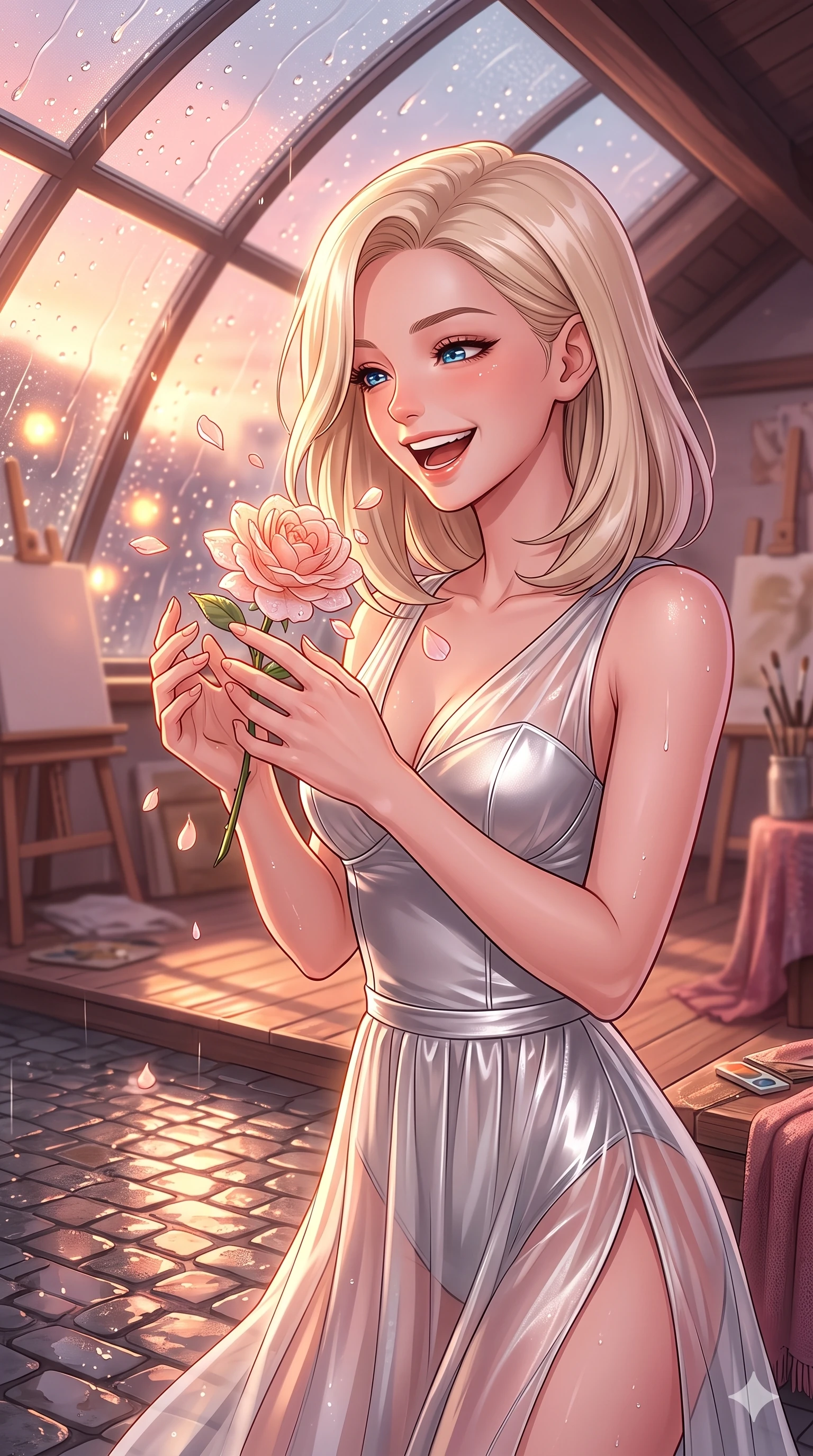 score_9, masterpiece, best quality, ultra-detailed, high-budget anime keyframe, vibrant anime aesthetic, Caucasian woman, strictly human ears. close-up cowboy shot from the waist and thighs up, the character dominates the composition, filling the frame with her large presence, background elements kept in soft focus. She is laughing happily while looking down at a blooming rain-drenched flower, her eyes glowing with lively energy surrounded by delicate flower petals. the background shows a soft-focus cozy attic studio with a large skylight pane covered in sliding rain droplets, bathed in soft warm light (Code-P22-194). She has an absolutely perfect proportion, an exceptionally elegant and slender female figure with an ultra-slim waist. V-shaped jawline, high-bridge nose, intricate jewel-like eyes with depth, thick eyelashes, glossy lips with a natural sheen. wearing a delicate chiffon dress featuring a structured satin bodice and refined side vent in silver metallic and translucent gloss. She is bathed in glowing sunset light reflecting off wet cobblestones, creating a warm, inviting, and atmospheric glow under the glass dome roof. 2k, ultra detail, master piece, 9:16 ratio