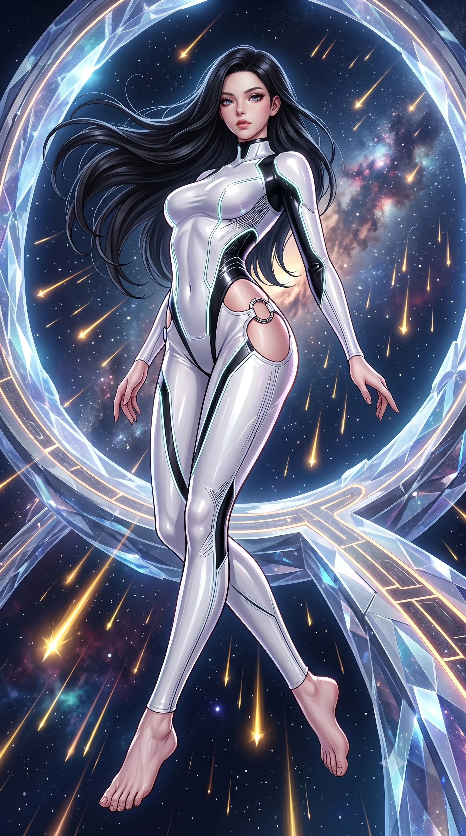 score_9, masterpiece, best quality, ultra-detailed, high-budget anime keyframe, semi-realistic 3D game render, editorial fashion photography, tasteful artistic composition, Korean woman. low angle full-body shot from head to toe showing her feet, filling the entire 9:16 vertical frame with her statuesque presence, stretching her vertical silhouette. arching her back in a fluid zero-gravity turn with sovereign grace, her long slender legs and sculpted torso creating a sweeping line while pivoting dynamically on a crystalline observation ring as a shower of glowing golden shooting stars streaks behind her. The surrounding environment is rendered in vivid detail and crisp panoramic clarity. dramatic space chiaroscuro and transcendent cosmic architecture rendered in panoramic precision. She has an absolutely perfect, statuesque 8.5-heads proportion, an exceptionally tall and slender model-like female figure with impossibly long slender legs, a toned flat midriff, and an ultra-slim waist. sharp v-shaped jawline, high-bridge nose, intricate jewel-like eyes with depth, thick eyelashes, glossy lips with a natural sheen, flawlessly proportioned anatomical accuracy, strict slender model proportions, natural body alignment, perfectly sculpted long slender limbs, ultra-slim waistline, clean dynamic posture without body distortion. wearing a skin-tight cybernetic bodysuit with glowing neon seams, deep hip cutouts, and an aerodynamic athletic fit in high-gloss monochrome white and sharp black contrast, tailored from semi-translucent cybernetic vinyl with glowing micro-filaments, detailed with polished silver rings connecting the daring side-waist cutouts, the glove-like aerodynamic second-skin fit tightly clinging to her ultra-slender waist and athletic curves without adding bulk, accentuating her razor-sharp statuesque lines and slim hourglass silhouette. illuminated by crisp diamond-specular highlights tracing her sculpted collarbones, waist, and slender limbs. highly saturated vibrant anime colors, detailed shading with soft gradients, rich glossy textures, high-contrast stereoscopic depth, volumetric dynamic lighting, master piece, 9:16 ratio
