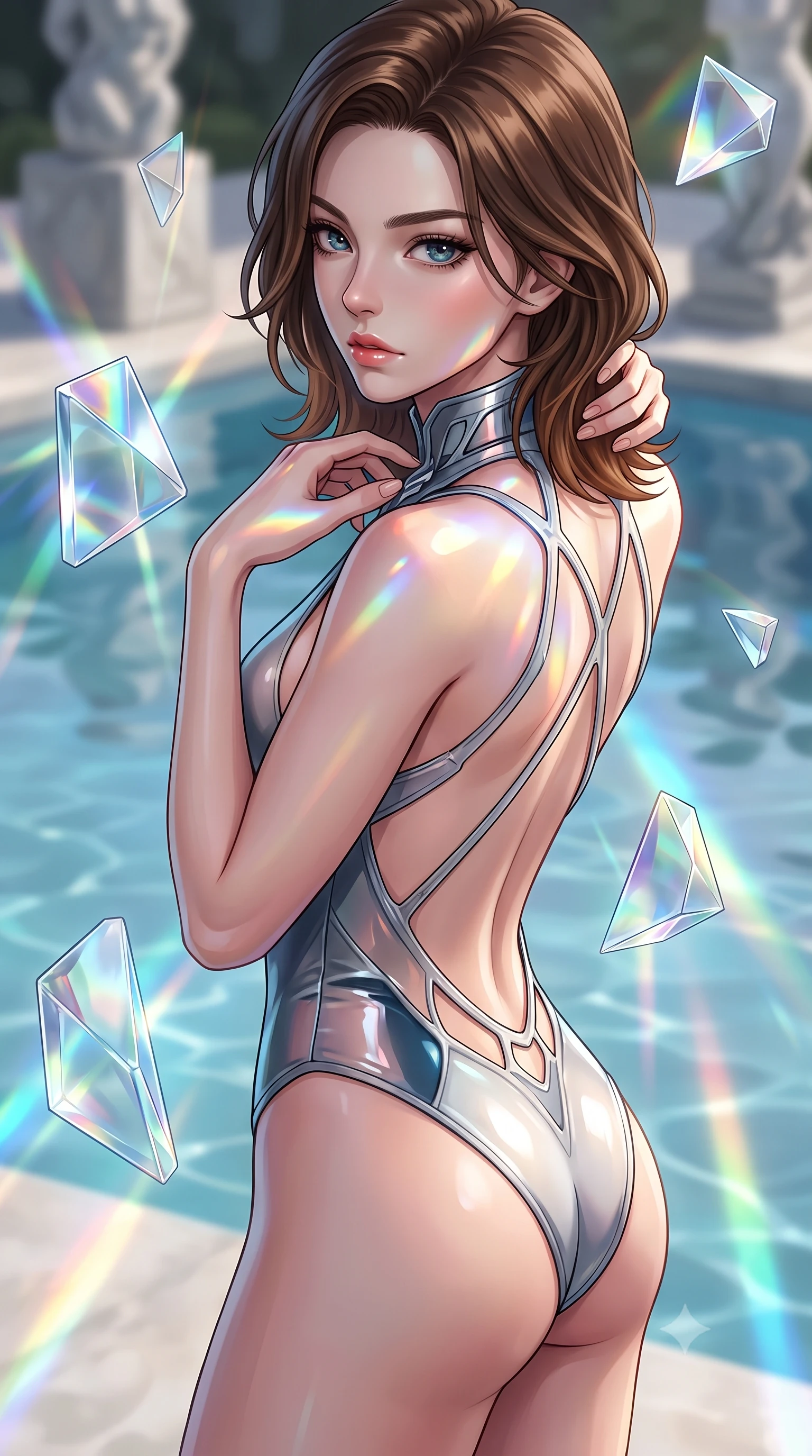 score_9, masterpiece, best quality, ultra-detailed, high-budget anime keyframe, editorial fashion photography, tasteful artistic composition, Korean woman. close-up cowboy shot from the waist and thighs up, the character dominates the composition, filling the frame with her large presence, background elements kept in soft focus. adjusting the high collar of her body-hugging suit, looking past the camera with quiet, sharp focus and a composed expression, the background shows a soft-focus a sculpture terrace pool deck with floating glass prism fragments. She has an exceptionally elegant, slender, and willowy female figure with an ultra-slim waist, a gracefully sculpted slender torso, and a refined silhouette. sharp v-shaped jawline, high-bridge nose, intricate jewel-like eyes with depth, thick eyelashes, glossy lips with a natural sheen. wearing a tailored low-cut cybernetic bodysuit with open-back design and thin structural straps crossing her bare shoulder blades. floating glass fragments reflecting light rays onto her elegant collarbone. highly saturated vibrant anime colors, detailed shading with soft gradients, rich glossy textures, high-contrast stereoscopic depth, volumetric dynamic lighting, master piece, 9:16 ratio