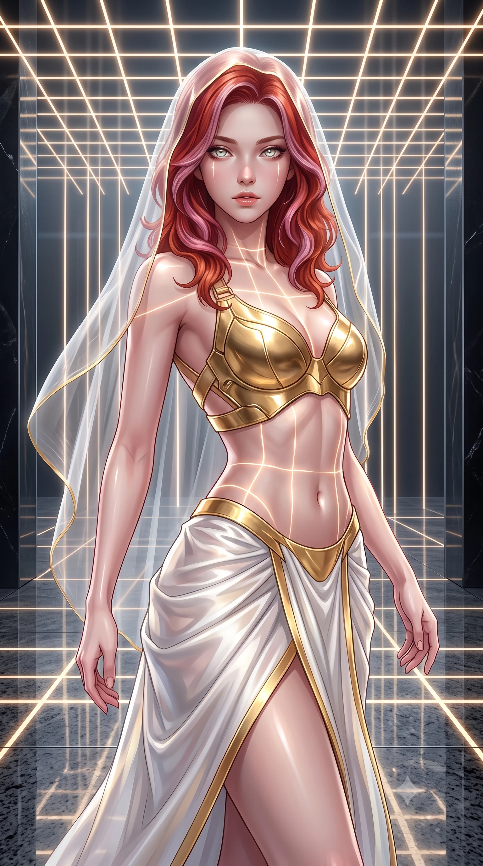 score_9, masterpiece, best quality, ultra-detailed, high-budget anime keyframe, editorial fashion photography, tasteful artistic composition, Caucasian woman. close-up cowboy shot from the waist and thighs up, the character dominates the composition, filling the frame with her large presence. gazing forward with divine sovereign poise, captivating jewel-like eyes shining with transcendent luminescence and alluring grace while arching her spine in a fluid motion beneath a grid of glowing overhead laser lines that illuminate her bare clavicle and waist. The surrounding environment is rendered in vivid detail and crisp panoramic clarity. sharp obsidian stone edge reflections, distinct laser beam filament shafts, and granite floor reflections in deep focus. She has an exceptionally elegant, slender, and willowy female figure with an ultra-slim waist, a gracefully sculpted slender torso, toned flat midriff, and a refined slim silhouette. sharp v-shaped jawline, high-bridge nose, intricate jewel-like eyes with depth, thick eyelashes, glossy lips with a natural sheen, flawlessly proportioned anatomical accuracy, strict slender model proportions, natural body alignment, perfectly sculpted long slender limbs, ultra-slim waistline, clean dynamic posture without body distortion. wearing an ethereal translucent cyber-veil paired with a sculpted golden mechanical cuirass and high-fashion draped silk skirt in pristine liquid pearl white and radiant solar gold trim, tailored from semi-translucent cybernetic vinyl with glowing micro-filaments, complemented by criss-cross back straps highlighting her completely bare spine, the liquid-tight tailored fabric emphasizing every curve of her tall, slender model proportions and sculptured silhouette during dynamic movement. illuminated by crisp directional key light with sharp specular highlights tracing her slender curves. ultra-reflective glossy finish, specular highlights, dark metallic sheen, high-contrast stereoscopic depth, volumetric dynamic lighting, 2k, ultra detail, master piece, 9:16 ratio