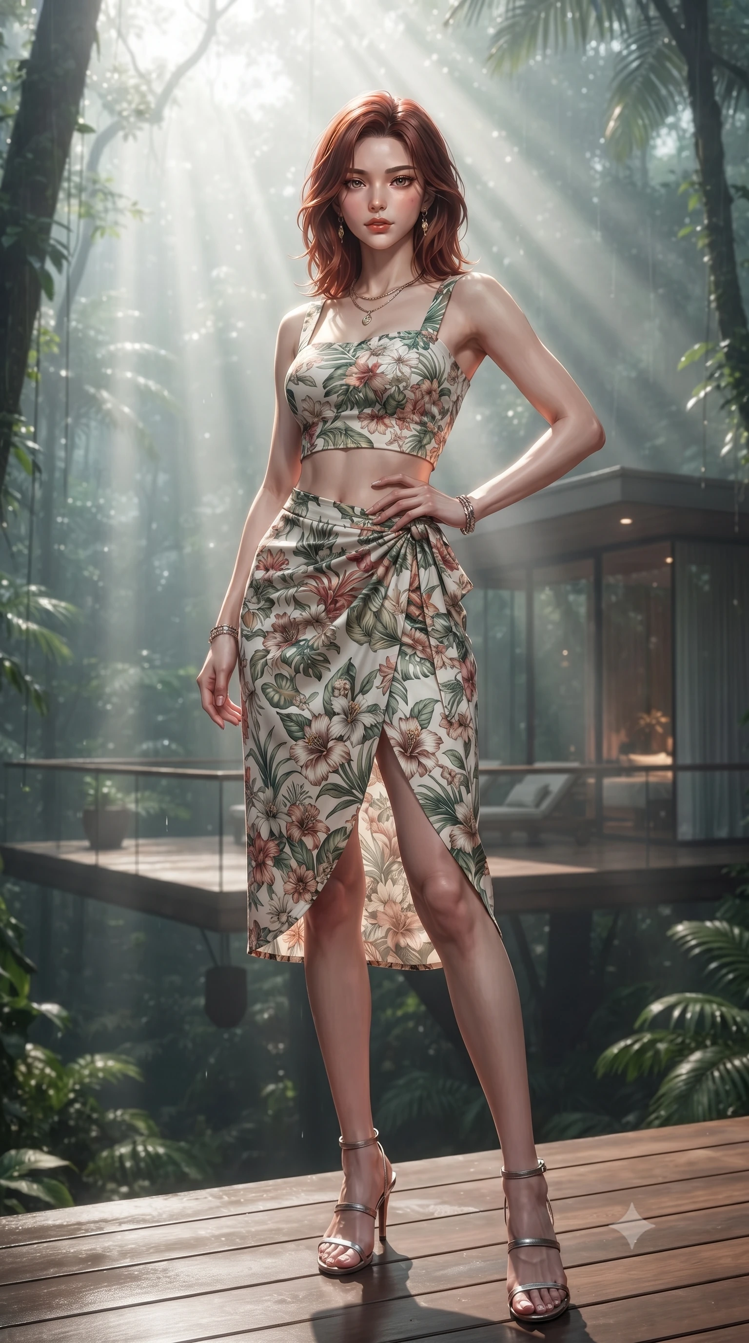 score_9, masterpiece, best quality, ultra-detailed, high-budget anime keyframe, editorial fashion photography, tasteful artistic composition, Korean woman woman. low angle full-body shot from head to toe showing her feet, filling the entire 9:16 vertical frame with her statuesque presence, stretching her vertical silhouette. posing confidently with one hand on her hip, stretching her statuesque body to emphasize her curves the background shows a soft-focus a wooden deck of a modern villa suspended high in the canopy of a tropical forest. She has an absolutely perfect, statuesque 8.5-heads proportion, an exceptionally tall and slender model-like female figure with impossibly long slender legs and an ultra-slim waist. sharp v-shaped jawline, high-bridge nose, intricate jewel-like eyes with depth, thick eyelashes, glossy lips with a natural sheen. wearing a slim-fit summer vacation crop top and wrap skirt set in floral print cotton, showing her slim waist. sunbeams slicing through the damp forest air, creating volumetric light rays. ultra-reflective glossy finish, specular highlights, metallic sheen, high-contrast stereoscopic depth, volumetric dynamic lighting, 2k, ultra detail, master piece, 9:16 ratio