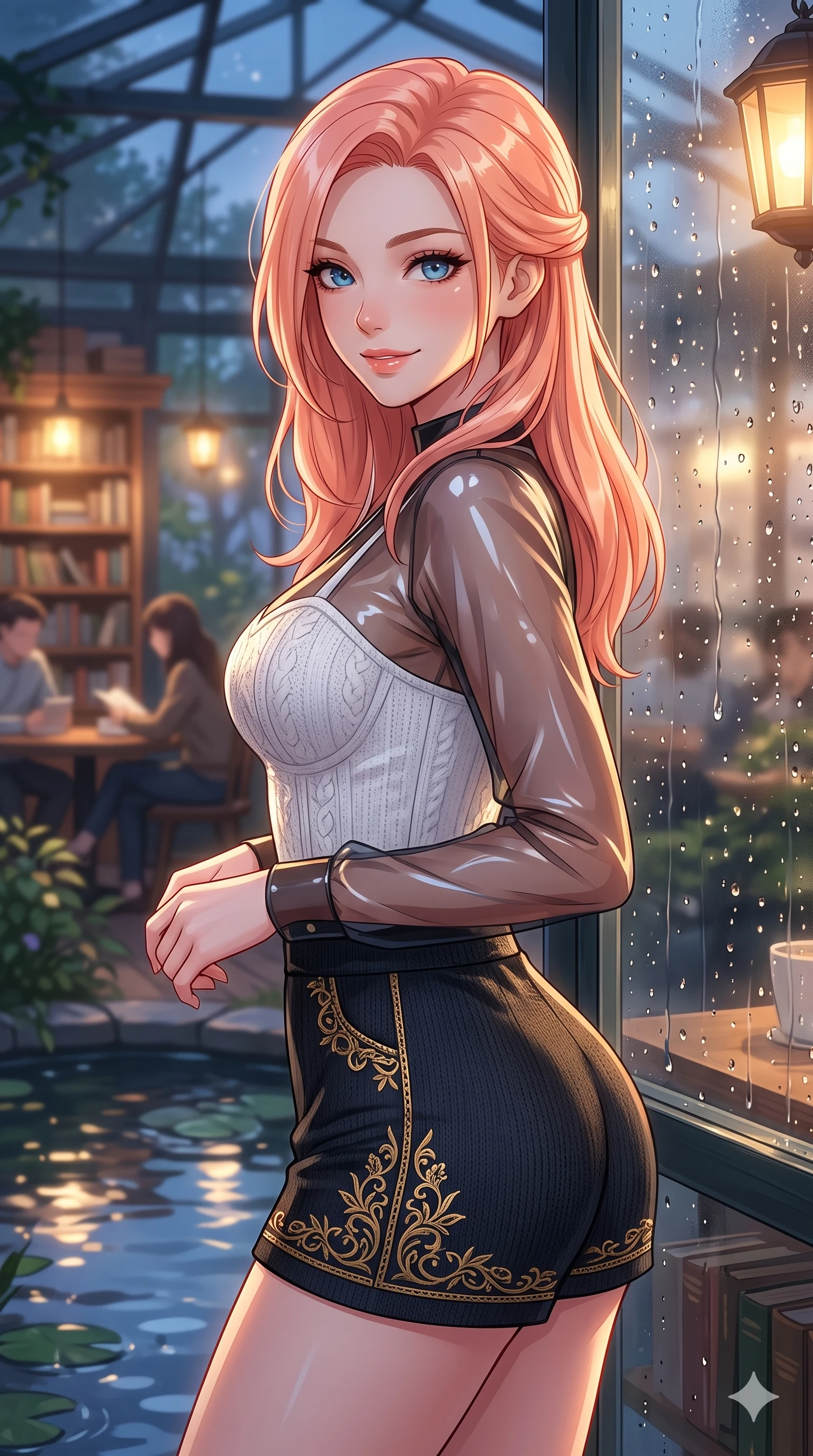 score_9, masterpiece, best quality, ultra-detailed, high-budget anime keyframe, vibrant anime aesthetic, Japanese woman. close-up cowboy shot from the waist and thighs up, the character dominates the composition, filling the frame with her large presence, background elements kept in soft focus. She is posing near glass greenhouse panels, smiling delightfully over her shoulder, gazing softly at the camera lens with a captivating and confident presence. the background shows a soft-focus cozy bookstore cafe with warm reading lights, facing a glass wall covered in fresh rain droplets (Code-P22-178). She has an absolutely perfect proportion, an exceptionally elegant and slender female figure with an ultra-slim waist. V-shaped jawline, high-bridge nose, intricate jewel-like eyes with depth, thick eyelashes, glossy lips with a natural sheen. wearing a translucent patent-gloss top over a white textured knit structured bodice and knit shorts in midnight black with gold embroidery. She is bathed in soft twilight glow mixed with warm lantern lights, highlighting her V-shaped jawline by the quiet garden pond. 2k, ultra detail, master piece, 9:16 ratio