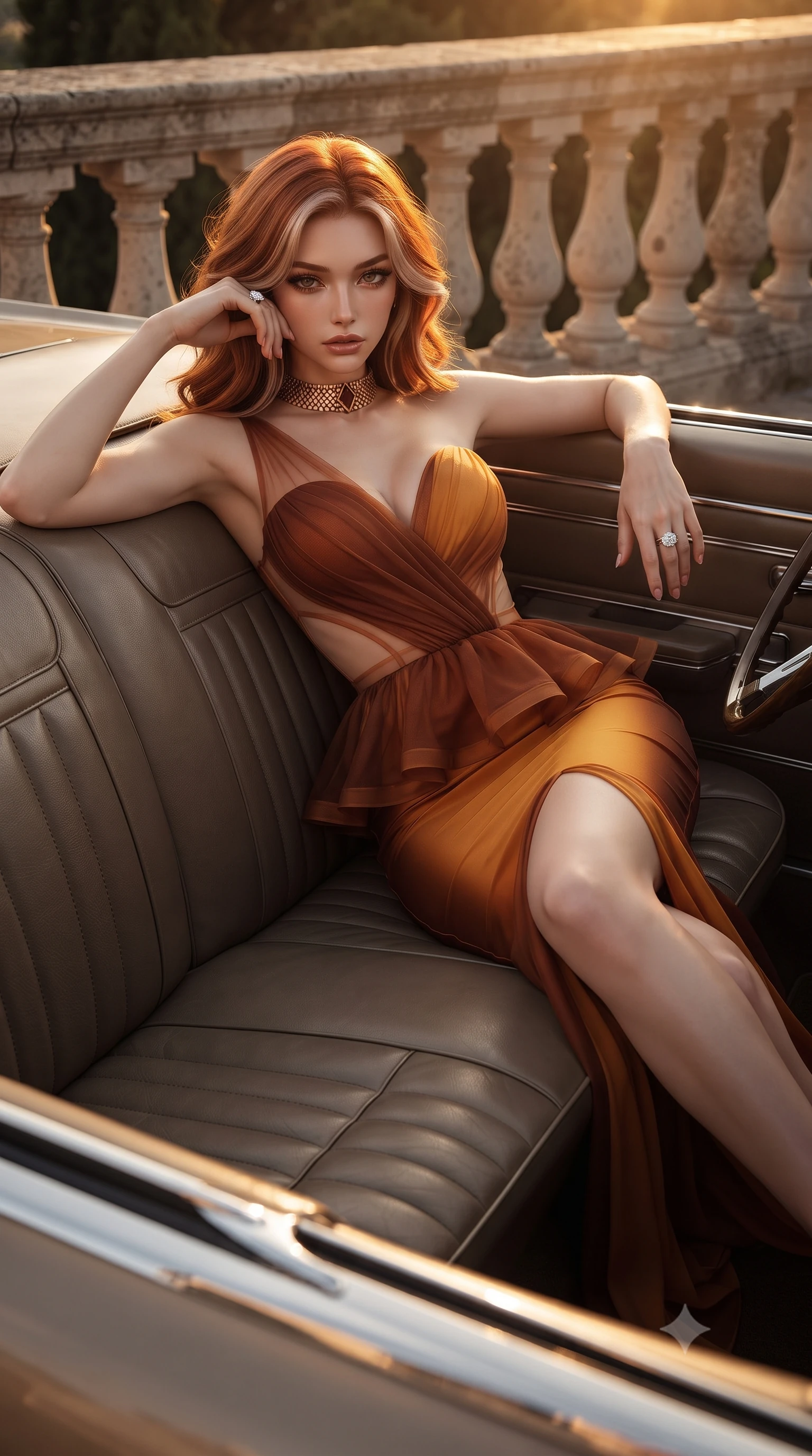 score_9, masterpiece, best quality, ultra-detailed, high-budget anime keyframe, editorial fashion photography, tasteful artistic composition, Caucasian woman. close-up cowboy shot from the waist and thighs up, the character dominates the composition, filling the frame with her large presence. leaning back with relaxed seductive grace, her sculpted collarbones and narrow waist highlighted as she casts smoldering bedroom-eyes directly into the camera while lounging languidly across the passenger leather seat propped on one elbow, long slender legs extended to accentuate her willowy yet curvy silhouette. The surrounding environment is rendered in vivid detail and crisp panoramic clarity. sharp vintage car chrome accents, stitched leather seat seams, and weathered stone railing in deep focus. She has an exceptionally elegant, slender, and willowy female figure with an ultra-slim waist, flat toned midriff, narrow ribcage, and sculpted feminine hips creating an alluring, slim hourglass silhouette without bulk. sharp v-shaped jawline, high-bridge nose, intricate jewel-like eyes with depth, thick eyelashes, glossy parted lips with a natural sheen, intensely captivating and seductive bedroom-eyes expression, flawlessly proportioned anatomical accuracy, strict slender model proportions, natural body alignment, perfectly sculpted long slender limbs, ultra-slim waistline, clean dynamic posture without body distortion. wearing a structural geometric peplum gown with sheer side-ribbon cutouts and form-fitting skirt in rich copper bronze and warm amber, woven from layered gossamer chiffon with a weightless sweeping drape, complemented by a bold geometric choker and sparkling cocktail ring, the second-skin form-contouring cut accentuating her sculpted flat midriff, narrow delicate ribcage, and gracefully curvy hips with supermodel precision. bathed in glorious golden hour Mediterranean sunset backlighting and warm amber road fill. ultra-reflective glossy finish, specular highlights, rich textural contrasts, high-contrast stereoscopic depth, volumetric dynamic lighting, 2k, ultra detail, master piece, 9:16 ratio