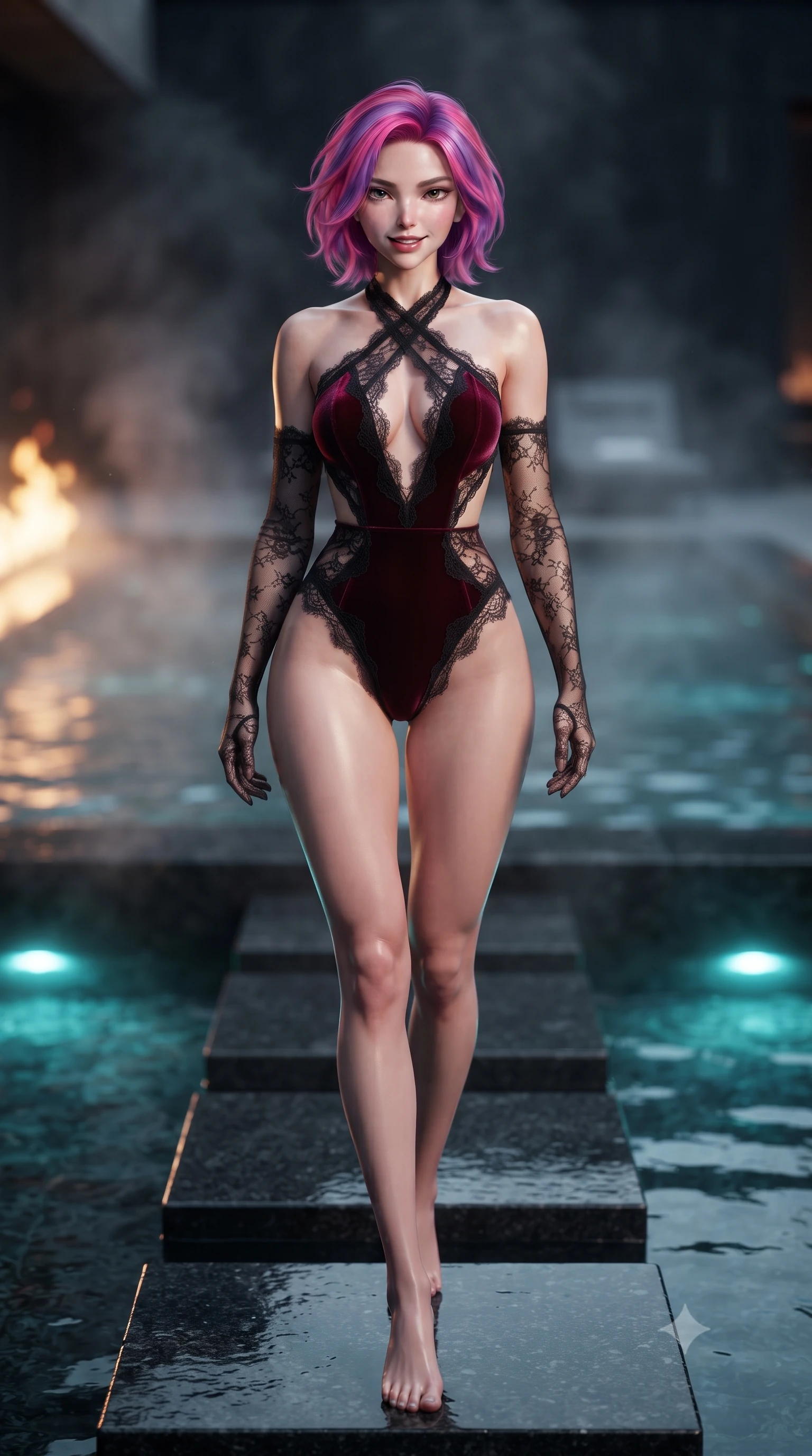score_9, masterpiece, best quality, ultra-detailed, high-budget anime keyframe, editorial fashion photography, tasteful artistic composition, Caucasian woman. low angle full-body shot from head to toe showing her feet, filling the entire 9:16 vertical frame with her statuesque presence, stretching her vertical silhouette. stepping slowly toward the camera with hypnotic grace, hips swaying in an alluring sensual rhythm that accentuates her curvy hourglass silhouette and long slender legs while standing poised on the submerged stepping stones of the mirror-black granite pool, arching her back with breathless siren presence as firelight dances over water. The background shows a soft-focus steaming black water pool surfaces softened in minimalist alpine luxury shallow focus. She has an absolutely perfect, statuesque 8.5-heads proportion, an exceptionally tall and slender model-like female figure with impossibly long slender legs, an ultra-slim waist, a flat toned midriff, narrow delicate ribcage, and beautifully sculpted feminine hips creating a graceful, slim hourglass silhouette without any bulky heaviness. sharp v-shaped jawline, high-bridge nose, sparkling eyes with hypnotic seductive depth, thick curled eyelashes, glossy parted lips with a natural dewy peach sheen, alluring bedroom-eyes with an enchanting coquettish smile, exuding magnetic siren charisma and sophisticated glamour, flawlessly proportioned anatomical accuracy, strict slender model proportions, natural body alignment, perfectly sculpted long slender limbs, ultra-slim waistline, clean dynamic posture without body distortion. wearing a criss-cross halterneck keyhole bodysuit with open back and sculpted waist darts in deep bordeaux velvet and delicate black chantilly, tailored from ultra-plush velvet with rich tactile depth and deep shadow gradients, complemented by sheer opera-length lace evening gloves tracing her slender arms, the glove-like clinging cut tightly following the natural contour of her hips and long slender legs with youthful 8.5-heads elegance. bathed in the warm dynamic flicker of real firelight paired with cool turquoise underwater LED illumination. ultra-reflective glossy finish, specular highlights, rich textural contrasts, high-contrast stereoscopic depth, volumetric dynamic lighting, 2k, ultra detail, master piece, 9:16 ratio