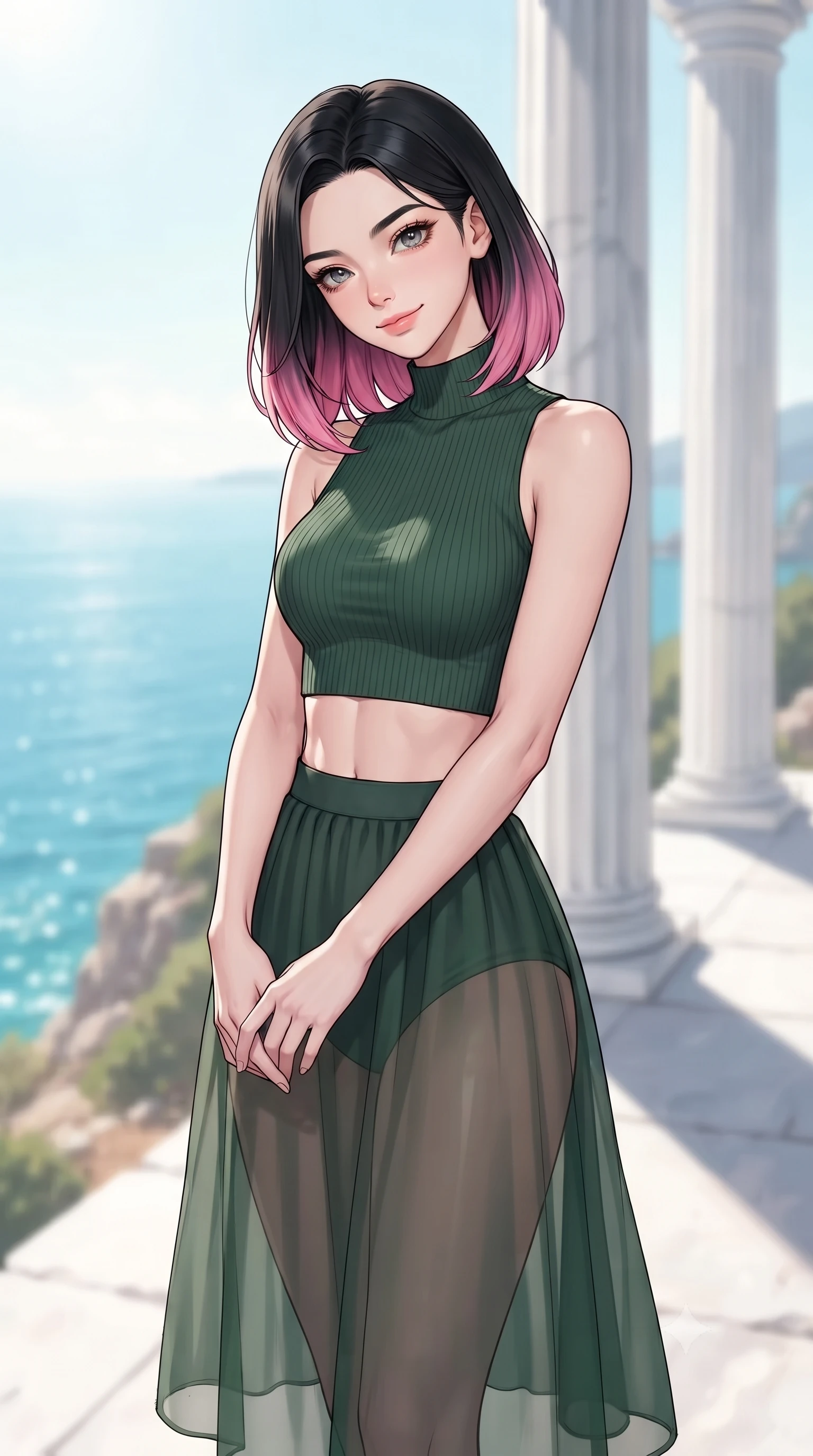 score_9, masterpiece, best quality, ultra-detailed, high-budget anime keyframe, editorial fashion photography, tasteful artistic composition, gorgeous anime illustration, with clean line-art, distinct ink outlines, and high-contrast stereoscopic depth, Korean woman. close-up cowboy shot from the waist and thighs up, the character dominates the composition, filling the frame with her large presence, background elements kept in soft focus. Gently tilting her head with a serene, peaceful smile of quiet happiness. set against a soft-focus background of standing among tall white marble columns of an oracle temple on a cliffside, overlooking a sparkling turquoise Mediterranean sea that stretches to the horizon. She has an exceptionally elegant, slender, and willowy female figure with a highly-defined ultra-slim waist, a gracefully sculpted slender torso, and a refined slim-fit silhouette that contours her form. sharp v-shaped jawline, high-bridge nose, intricate jewel-like eyes with depth, thick eyelashes, glossy lips with a natural sheen. wearing a high-neck ribbed crop top in forest green, paired with a midi skirt featuring a sheer chiffon overlay revealing her legs. bright blinding Mediterranean midday sun casting sharp dark shadows behind columns, highlighting the pure white marble. 2k, ultra detail, master piece, 9:16 ratio, highly saturated vibrant anime colors, detailed cel-shading with soft gradients, rich glossy textures, deep contrast, volumetric dynamic lighting, 2d animation style