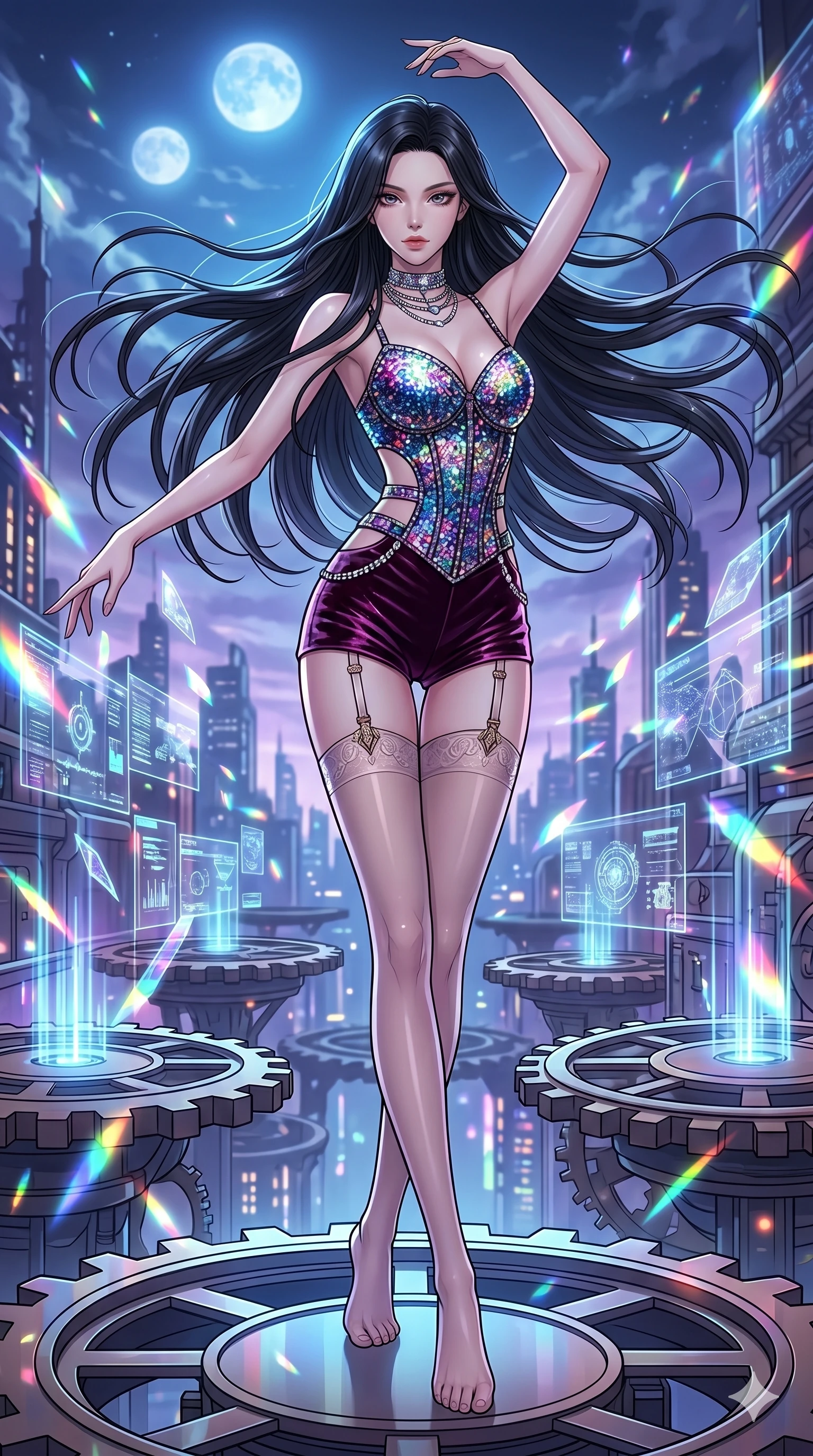 score_9, masterpiece, best quality, ultra-detailed, high-budget anime movie keyframe, cinematic anime lighting, intricate line art, Japanese woman. Dynamic full-body shot stretching the vertical silhouette across the 9:16 frame. dancing with data-shards in a clockwork heart of a city under a twin-moon sky. She has an absolutely perfect 8-heads proportion, an exceptionally tall and slender female figure with an ultra-slim waist and impossibly long slender legs. sharp v-shaped jawline, high-bridge nose, intricate jewel-like eyes, thick eyelashes, glossy lips. Wearing luxurious K-pop idol stage outfit featuring a sparkling sequined corset, high-cut velvet shorts, and sheer silk stockings with garter belts, accessorized with crystal chokers. The scene is illuminated by dramatic atmospheric lighting and vibrant color palettes. , 2k, ultra detail, master piece, 9:16 ratio