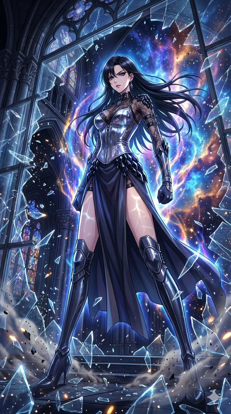 score_9, masterpiece, best quality, ultra-detailed, High-budget Anime Keyframe, vibrant colors, fluid line-art, expressive lighting, cinematic composition, Ufotable-style visual effects, top-tier animation quality, Korean woman with idol-like refined features. Dynamic full-body shot stretching the vertical silhouette, capturing her from a powerful low-angle perspective. Shattering a massive wall of reinforced glass with her sheer powerful mental aura, shards of glass flying in slow motion around her. She has an absolutely perfect 8-heads proportion, an exceptionally tall and slender female figure with impossibly long slender legs and an ultra-slim waist, her statuesque height and towering silhouette dominating the vertical 9:16 frame. Her face is a masterpiece featuring a sharp v-shaped jawline, high-bridge nose, intricate jewel-like eyes with depth, thick eyelashes, and glossy lips with a natural sheen. She is wearing a Chrome-plated corset over a sheer lace base with tactical straps and metallic buckles crafted from Obsidian-glass scales that shimmer with a dark, crystalline brilliance, with a dangerous high slit that showcases her impossibly long slender legs. The scene is set in a majestic gothic cathedral in deep space with massive windows overlooking a swirling nebula, illuminated by underwater caustic lighting with ripples of light dancing across her body. 2k, ultra detail, master piece, 9:16 ratio