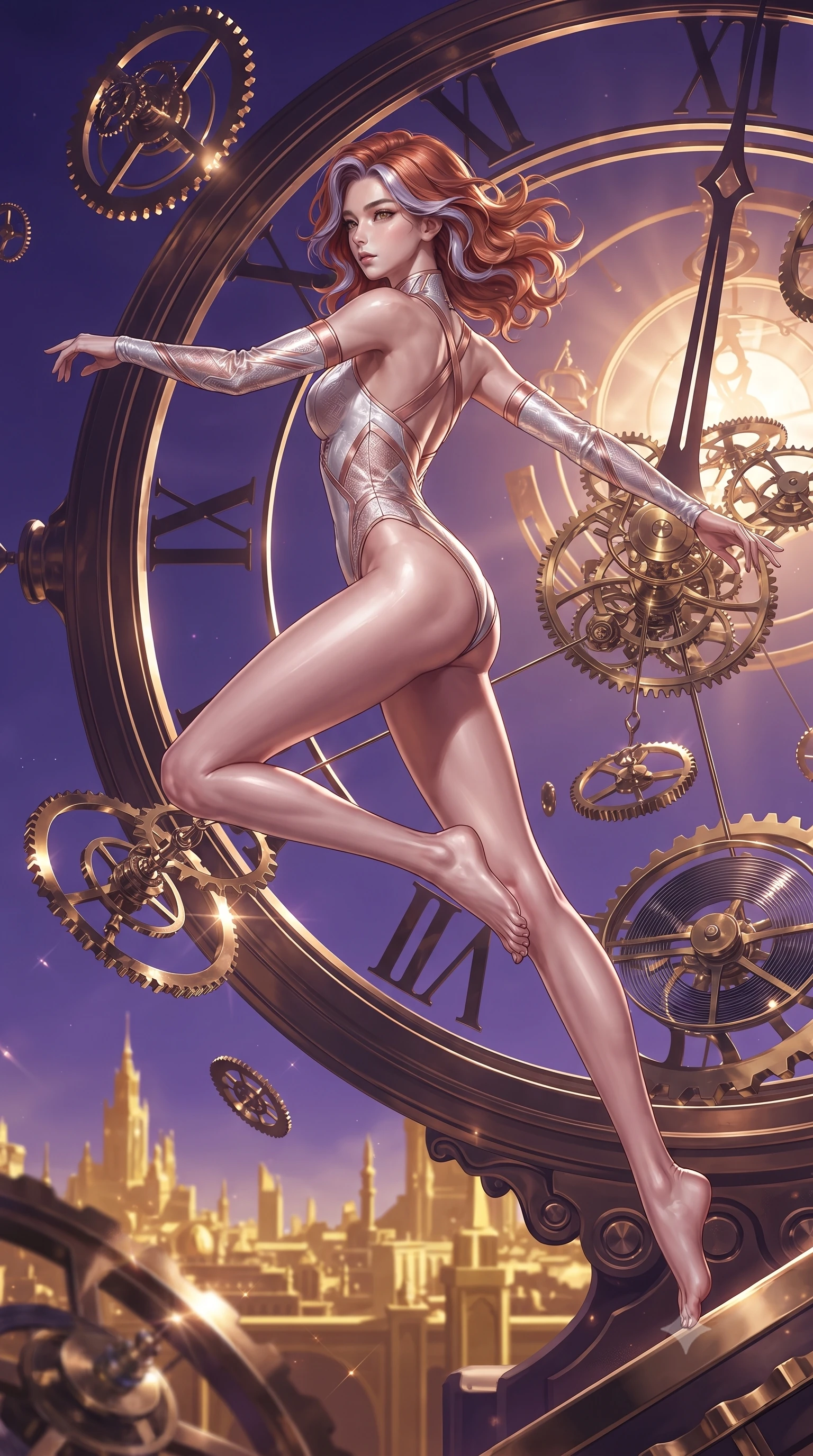 score_9, masterpiece, best quality, ultra-detailed, high-budget anime keyframe, editorial fashion photography, tasteful artistic composition, Caucasian woman. low angle full-body shot from head to toe showing her feet, filling the entire 9:16 vertical frame with her statuesque presence, stretching her vertical silhouette. performing an athletic mid-air rotation with flawless poise, her vertical silhouette beautifully stretched while leaping through the arc of a massive mechanical clock pendulum swinging over a golden city, floating brass gears and clocksprings casting intricate metallic reflections. She has an absolutely perfect, statuesque 8.5-heads proportion, an exceptionally tall and slender model-like female figure with impossibly long slender legs and an ultra-slim waist. sharp v-shaped jawline, high-bridge nose, intricate jewel-like eyes with depth, thick eyelashes, glossy lips with a natural sheen, flawlessly proportioned anatomical accuracy, natural body alignment, perfectly sculpted elegant limbs, clean dynamic posture without body distortion. wearing an asymmetrical high-cut tech-bodysuit with detached sleeves in pearl white and rose gold, woven from fine semi-opaque sheer organza, complemented by criss-cross back straps highlighting her bare shoulders, the tailored fabric tightly following every curve of her athletic build. surrounded by a contrast of deep violet sky and radiant bronze mechanical light. ultra-reflective glossy finish, specular highlights, metallic sheen, high-contrast stereoscopic depth, volumetric dynamic lighting, 2k, ultra detail, master piece, 9:16 ratio