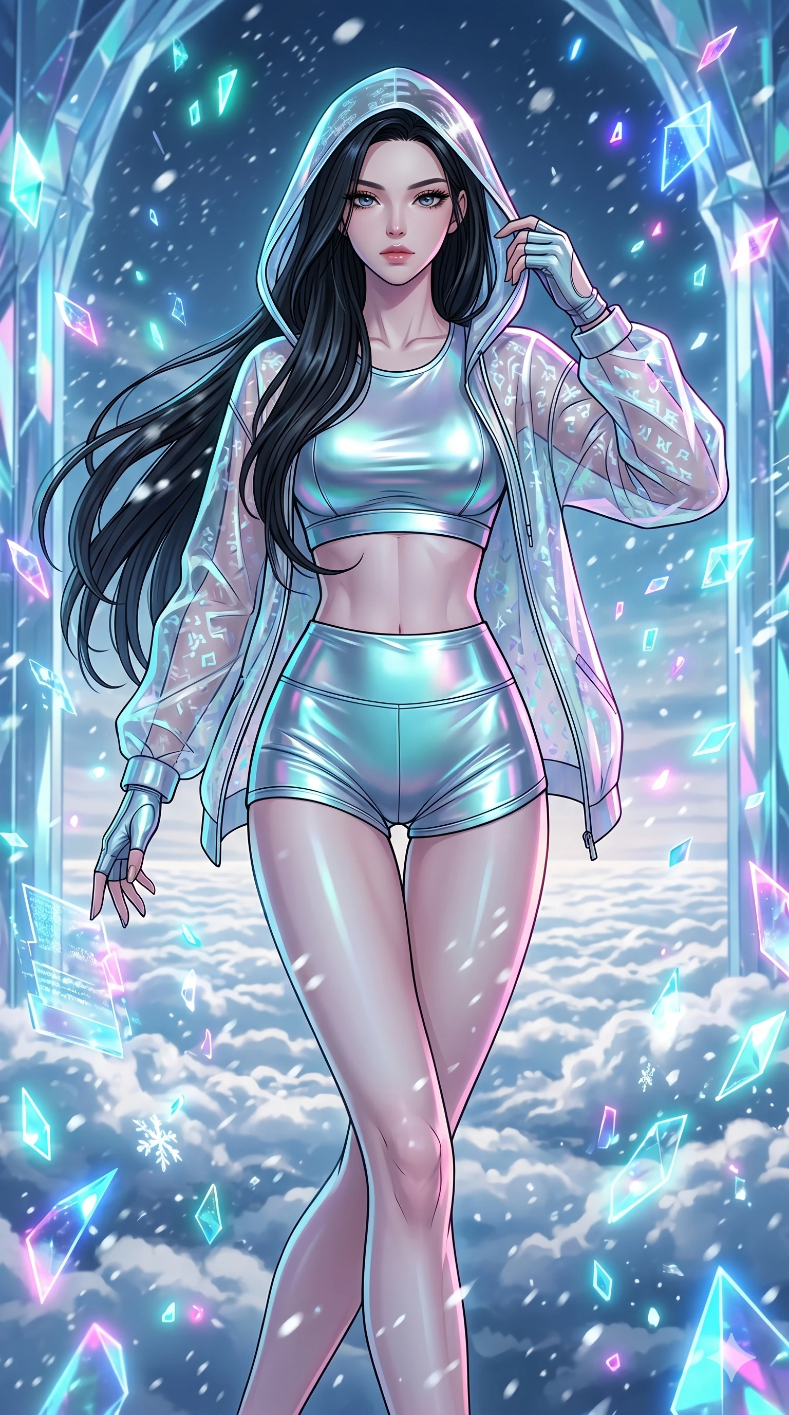 score_9, masterpiece, best quality, ultra-detailed, high-budget anime movie keyframe, cinematic anime lighting, intricate line art, Korean woman. Medium shot of upper body capturing the intricate details of her high-fashion attire. walking through a blizzard in a crystal palace above the clouds surrounded by floating data-shards. She has an absolutely perfect 8-heads proportion, an exceptionally tall and slender female figure with an ultra-slim waist and impossibly long slender legs. sharp v-shaped jawline, high-bridge nose, intricate jewel-like eyes, thick eyelashes, glossy lips. Wearing premium athleisure set with a metallic-finish compression top, high-cut yoga shorts that accentuate her long legs, and a sheer oversized hoodie. The scene is illuminated by dramatic atmospheric lighting and vibrant color palettes. , 2k, ultra detail, master piece, 9:16 ratio