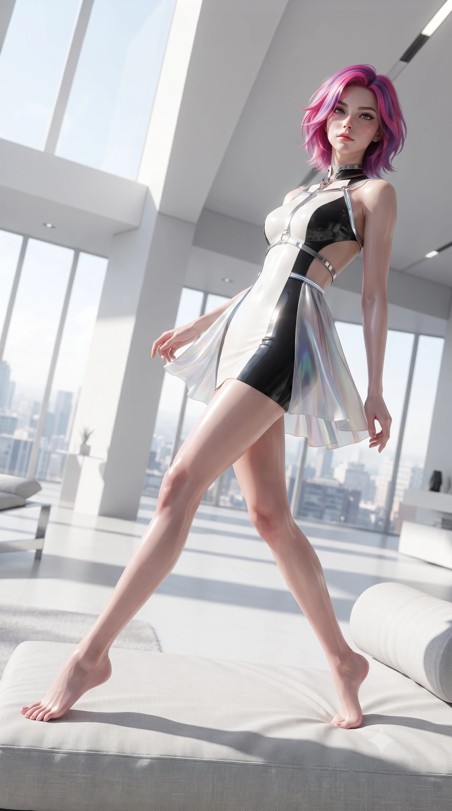 score_9, masterpiece, best quality, ultra-detailed, high-budget anime keyframe, editorial fashion photography, tasteful artistic composition, Caucasian woman. low angle full-body shot from head to toe showing her feet, filling the entire 9:16 vertical frame with her statuesque presence, stretching her vertical silhouette. arching her back in a fluid zero-gravity turn with sovereign grace, her long slender legs and sculpted torso creating a sweeping line while lounging seductively in a minimalist designer daybed framed by bright morning sunbeams and city sky views. The surrounding environment is rendered in vivid detail and crisp panoramic clarity. high-contrast pristine white decor and sunlit architectural lines rendered with environmental sharpness. She has an absolutely perfect, statuesque 8.5-heads proportion, an exceptionally tall and slender model-like female figure with impossibly long slender legs, a toned flat midriff, and an ultra-slim waist. sharp v-shaped jawline, high-bridge nose, intricate jewel-like eyes with depth, thick eyelashes, glossy lips with a natural sheen, flawlessly proportioned anatomical accuracy, strict slender model proportions, natural body alignment, perfectly sculpted long slender limbs, ultra-slim waistline, clean dynamic posture without body distortion. wearing a second-skin fashion-latex mini dress with a clean architectural front, featuring an open-back design that wraps around the sides of her waist, showcasing her slender silhouette in high-gloss monochrome white and sharp black contrast, made of smooth iridescent silk chiffon that shifts colors with movement, reinforced by a sleek metallic chrome harness and delicate glowing micro-straps, the sleek second-skin cut tightly hugging her graceful clavicle, narrow waist, and feminine curves with athletic precision. surrounded by a hyper-clean, sophisticated, and ultra-chic luxury editorial aura. ultra-reflective glossy finish, specular highlights, metallic sheen, high-contrast stereoscopic depth, volumetric dynamic lighting, 2k, ultra detail, master piece, 9:16 ratio