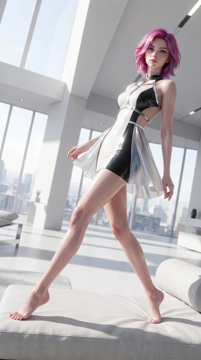 score_9, masterpiece, best quality, ultra-detailed, high-budget anime keyframe, editorial fashion photography, tasteful artistic composition, Caucasian woman. low angle full-body shot from head to toe showing her feet, filling the entire 9:16 vertica