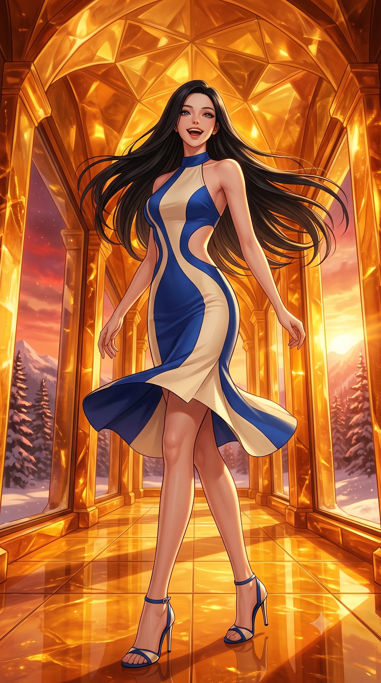 score_9, masterpiece, best quality, ultra-detailed, high-budget anime keyframe, editorial fashion photography, tasteful artistic composition, Korean woman. low angle full-body shot from head to toe showing her feet, filling the entire 9:16 vertical frame with her statuesque presence, stretching her vertical silhouette. twirling with a bright, delighted laugh inside standing inside a grand corridor of a palace made entirely of warm fossilized amber in a snowy pine mountain valley, glowing from within during a winter sunset. She has a statuesque 8.5-heads proportion, an exceptionally tall, slender and willowy model-like build with impossibly long legs and a highly sculpted ultra-slim waist. sharp v-shaped jawline, high-bridge nose, intricate jewel-like eyes with depth, thick eyelashes, glossy lips with a natural sheen. wearing a structured halter-neck bodycon dress in two-tone cobalt blue and cream, with dramatic curved cutouts at the sides of the torso. warm golden sunset rays reflecting off the polished amber columns, creating deep honey-colored shadows. 2k, ultra detail, master piece, 9:16 ratio