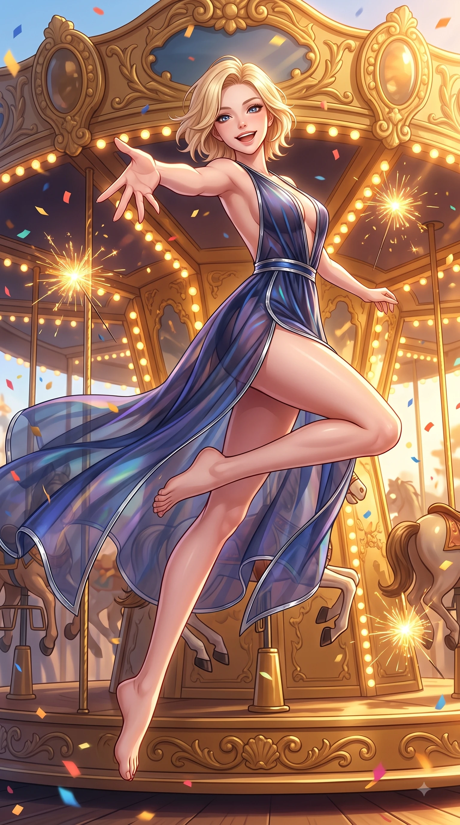 score_9, masterpiece, best quality, ultra-detailed, high-budget anime keyframe, editorial fashion photography, tasteful artistic composition, Caucasian woman. low angle full-body shot from head to toe showing her feet, filling the entire 9:16 vertical frame with her statuesque presence, stretching her vertical silhouette. leaping with pure joy through mid-air with a radiant bright smile, her impossibly long slender legs stretched in perfect balance while reaching one arm out playfully toward the camera while spinning on a golden carousel deck, floating sparklers and carnival confetti adding festive, happy energy to the air. She has an absolutely perfect, statuesque 8.5-heads proportion, an exceptionally tall and slender model-like female figure with impossibly long slender legs and an ultra-slim waist. sharp v-shaped jawline, high-bridge nose, intricate jewel-like eyes with depth, thick eyelashes, glossy lips with a natural sheen, flawlessly proportioned anatomical accuracy, natural body alignment, perfectly sculpted elegant limbs, clean dynamic posture without body distortion. wearing a translucent iridescent chiffon gown with a plunging neckline and open back in midnight navy blue and chrome trim, woven from fine semi-opaque sheer organza, finished with a sleek side slit ascending to mid-thigh, the sleek second-skin texture accentuating her magnetic presence. bathed in glorious golden hour sunbeams and warm amber carousel lamp radiance. highly saturated vibrant anime colors, detailed shading with soft gradients, rich glossy textures, high-contrast stereoscopic depth, volumetric dynamic lighting, master piece, 9:16 ratio
